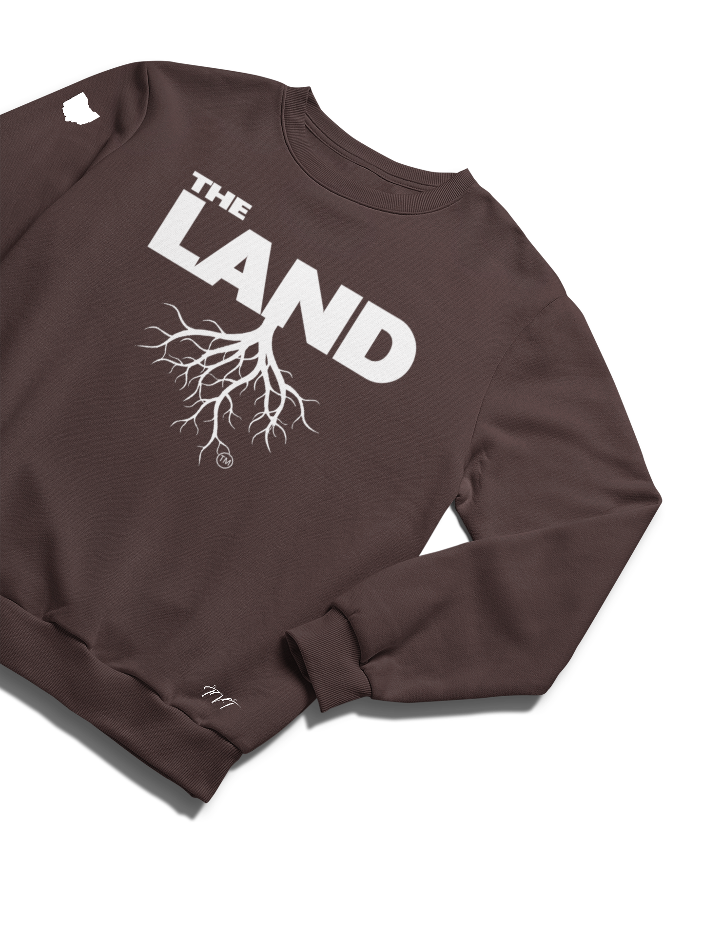 SWEATSHIRT MOCKUP OF A CUSTOMIZE THE LAND BROWN (WHITE) WITH A FOLDED SLEEVE ON A SOLID WHITE SURFACE BACKDROP.png