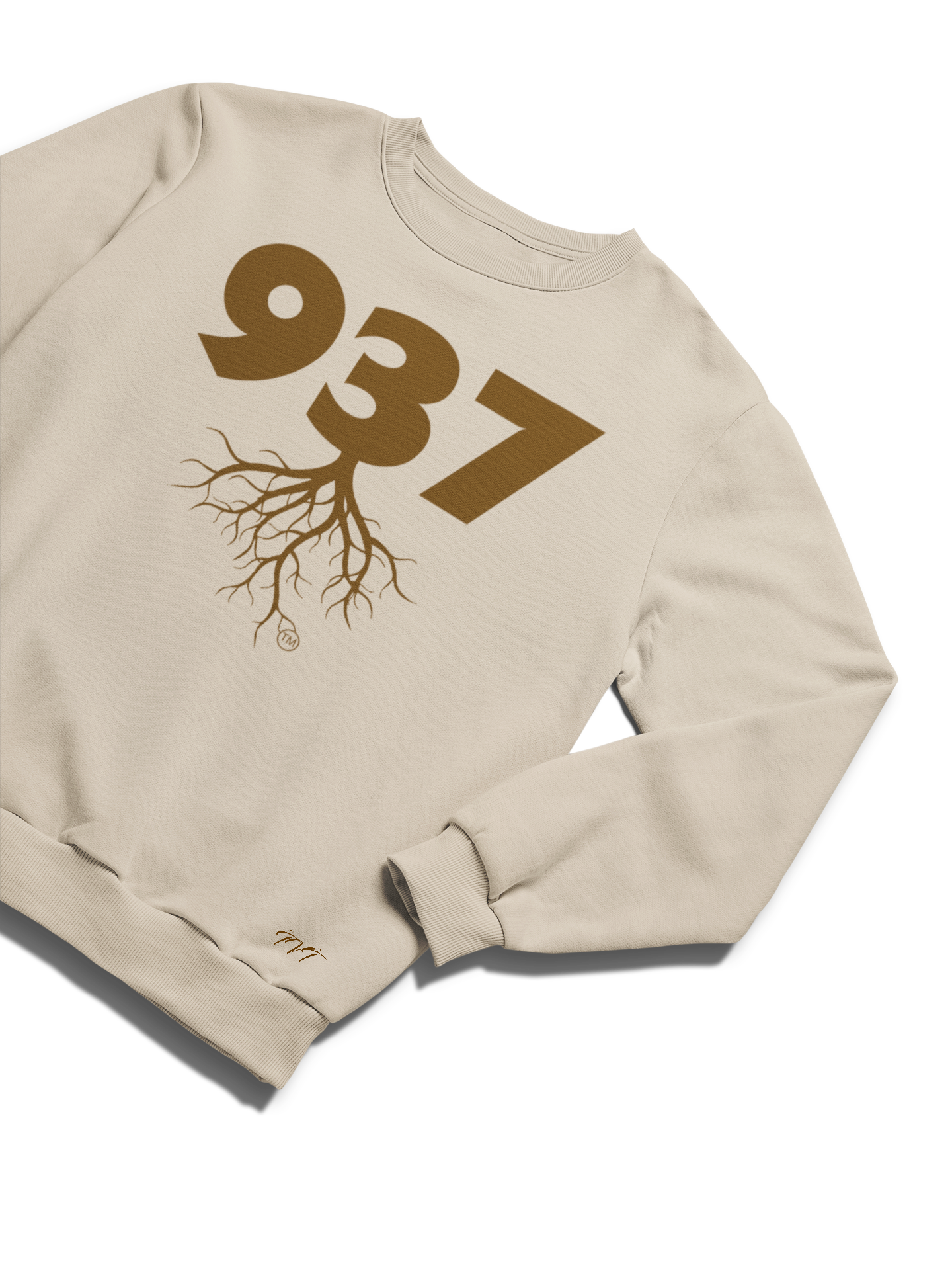 SWEATSHIRT MOCKUP OF A 937 AREA CODE BEIGE (BROWN) WITH A FOLDED SLEEVE ON A SOLID WHITE SURFACE BACKDROP.png