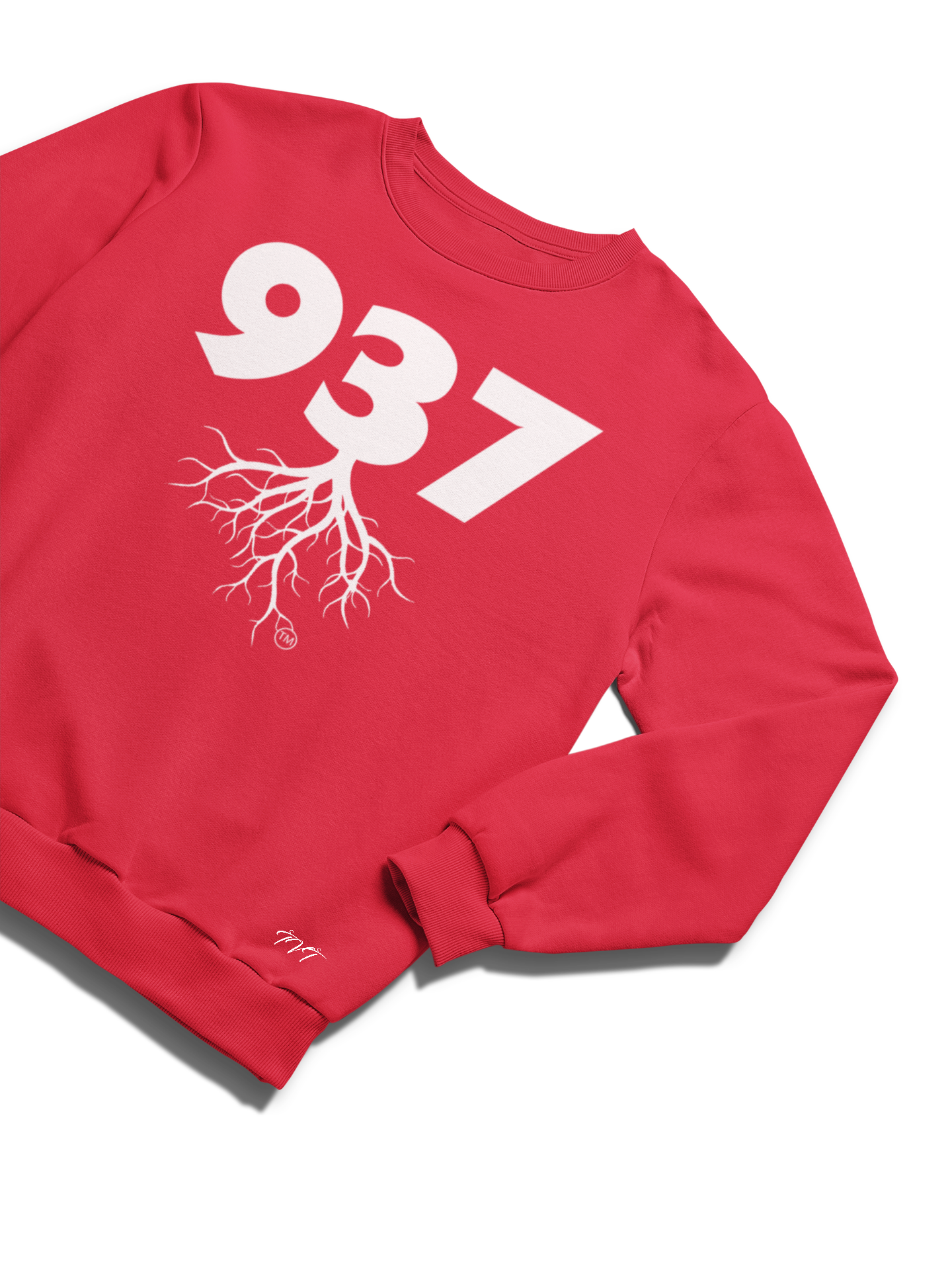 SWEATSHIRT MOCKUP OF A 937 AREA CODE RED (WHITE) WITH A FOLDED SLEEVE ON A SOLID WHITE SURFACE BACKDROP.png