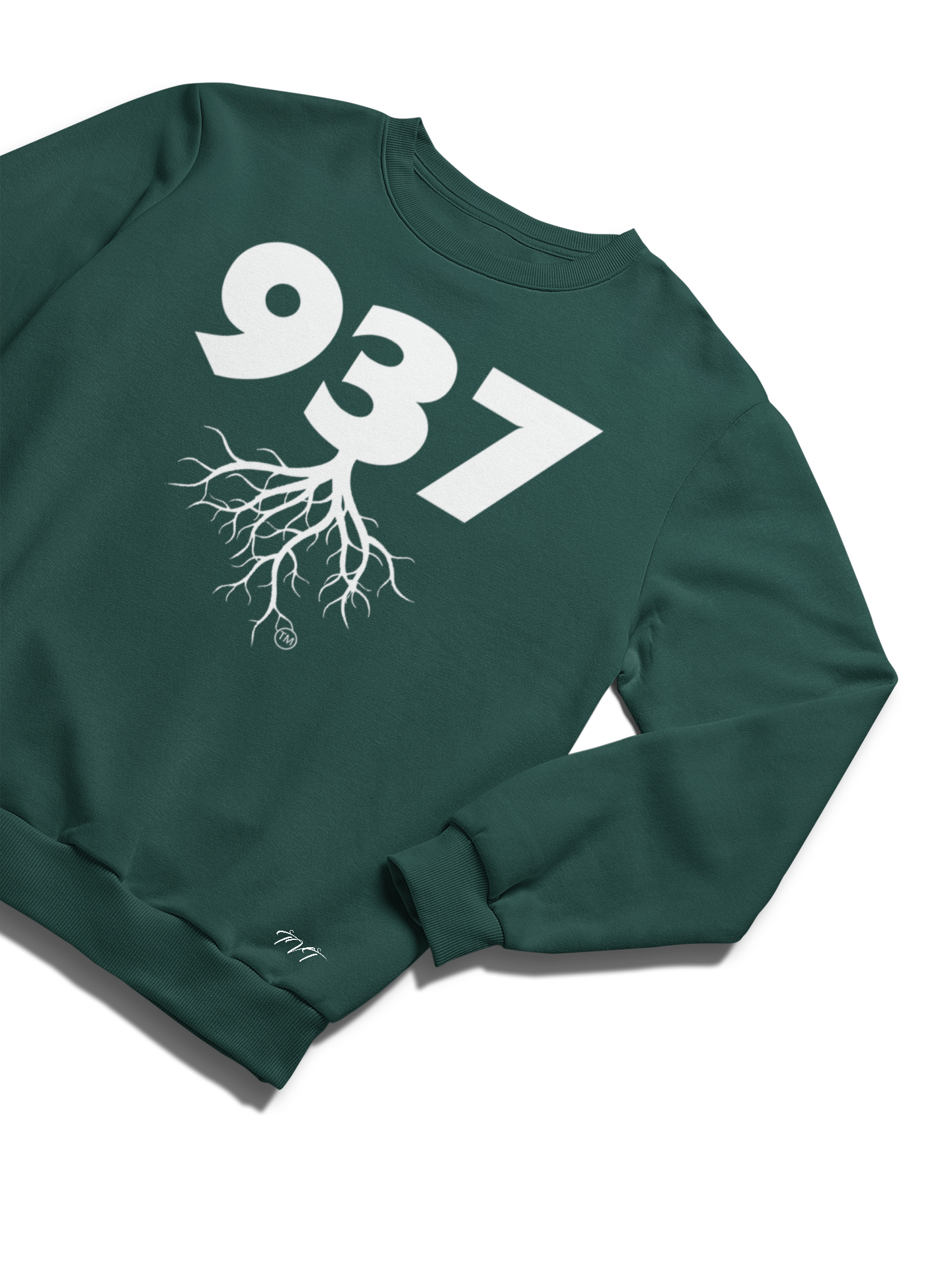 SWEATSHIRT MOCKUP OF A 937 AREA CODE GREEN (WHITE) WITH A FOLDED SLEEVE ON A SOLID WHITE SURFACE BACKDROP.png