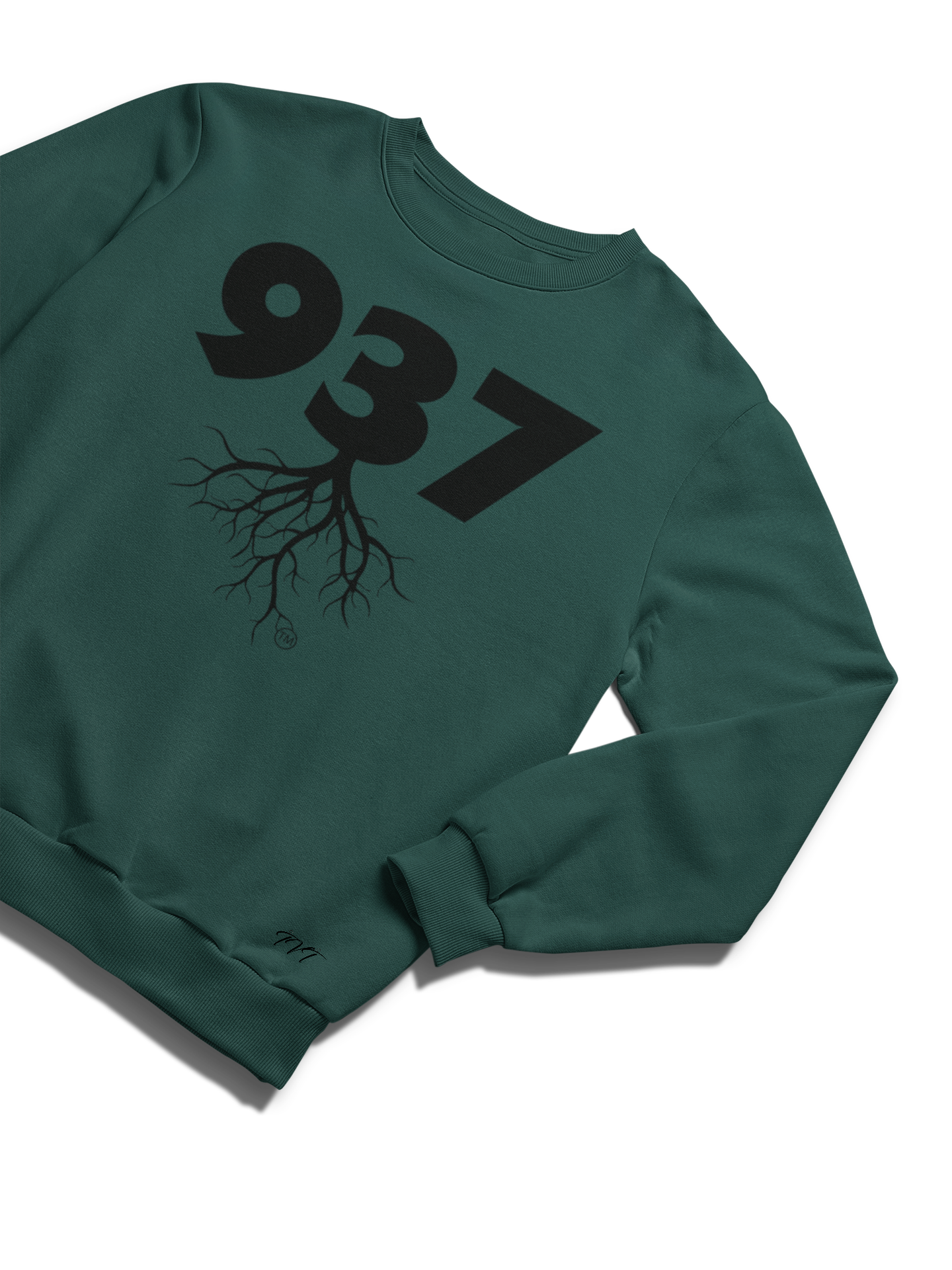SWEATSHIRT MOCKUP OF A 937 AREA CODE FOREST GREEN (BLACK) WITH A FOLDED SLEEVE ON A SOLID WHITE SURFACE BACKDROP.png