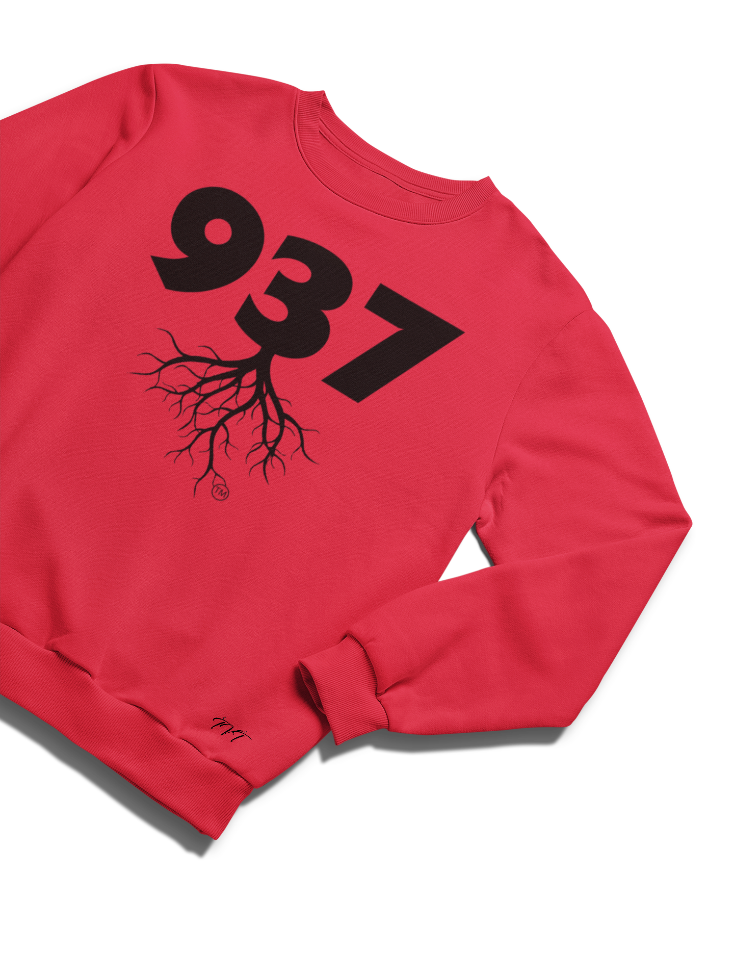 SWEATSHIRT MOCKUP OF A 937 AREA CODE RED (BLACK) WITH A FOLDED SLEEVE ON A SOLID WHITE SURFACE BACKDROP.png