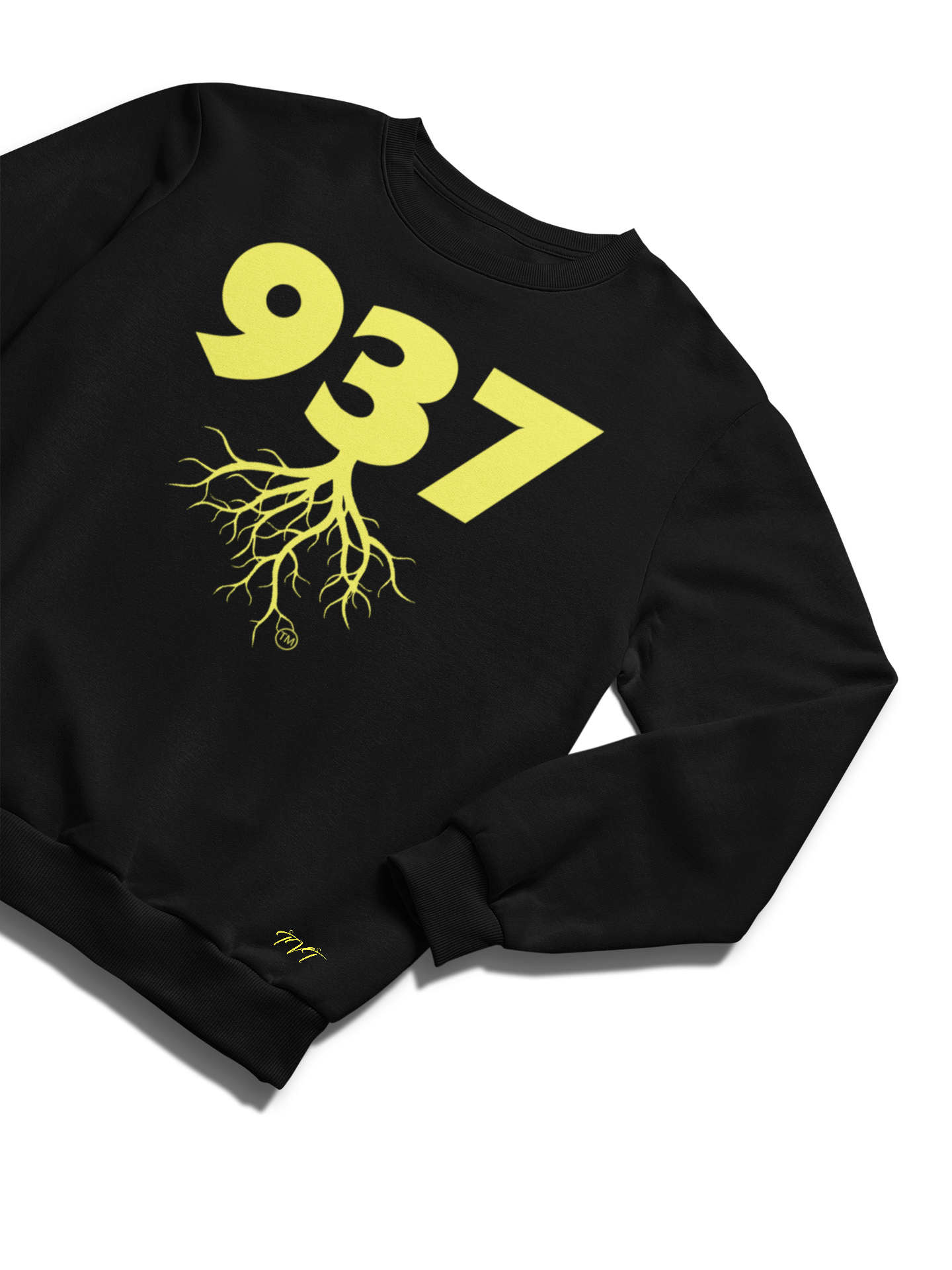 SWEATSHIRT MOCKUP OF A 937 AREA CODE BLACK (NEON YELLOW) WITH A FOLDED SLEEVE ON A SOLID WHITE SURFACE BACKDROP.png