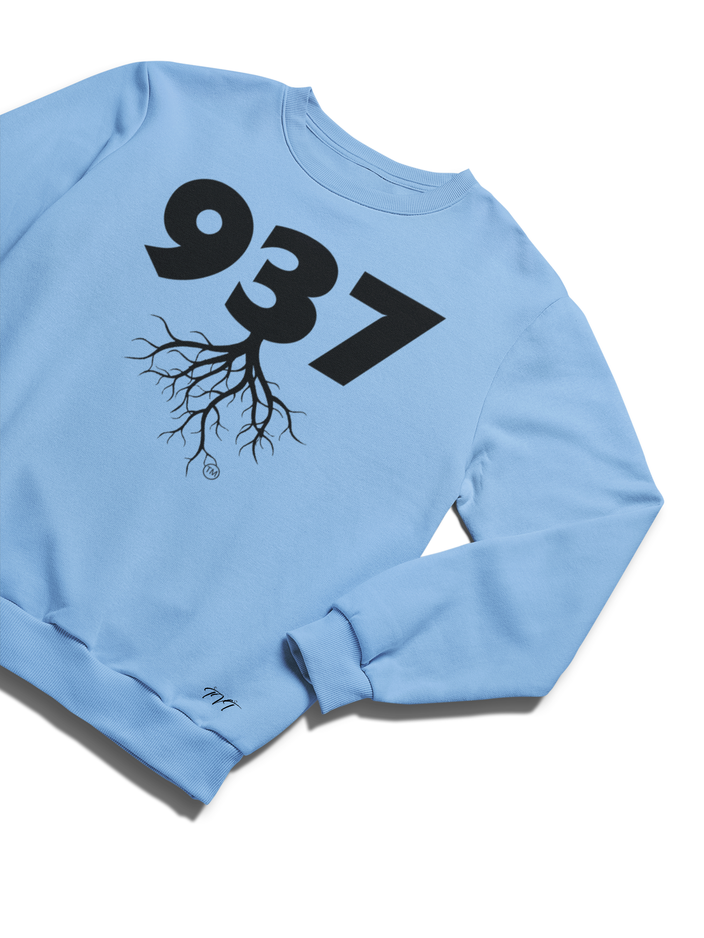 SWEATSHIRT MOCKUP OF A 937 AREA CODE CAROLINA BLUE (BLACK) WITH A FOLDED SLEEVE ON A SOLID WHITE SURFACE BACKDROP.png