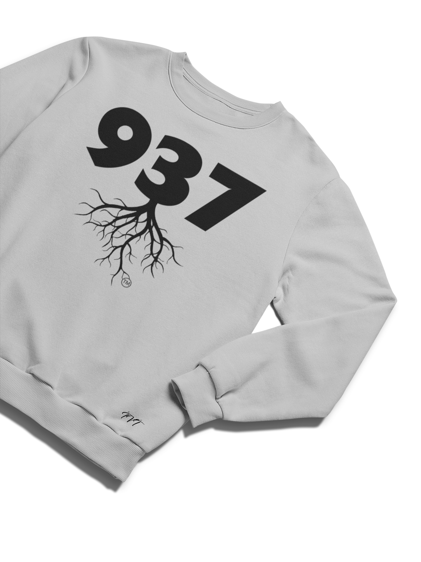 SWEATSHIRT MOCKUP OF A 937 AREA CODE GREY (BLACK) WITH A FOLDED SLEEVE ON A SOLID WHITE SURFACE BACKDROP.png