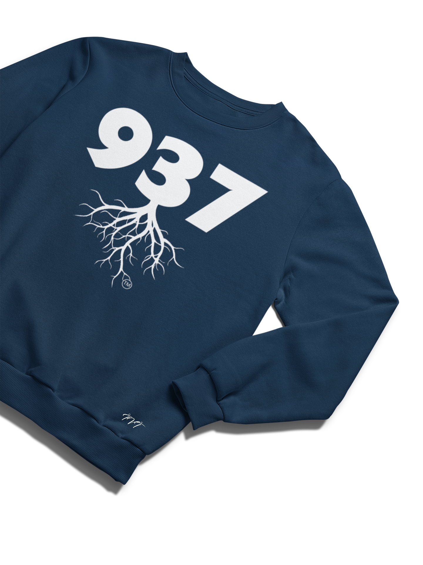 SWEATSHIRT MOCKUP OF A 937 AREA CODE BLUE (WHITE) WITH A FOLDED SLEEVE ON A SOLID WHITE SURFACE BACKDROP.png
