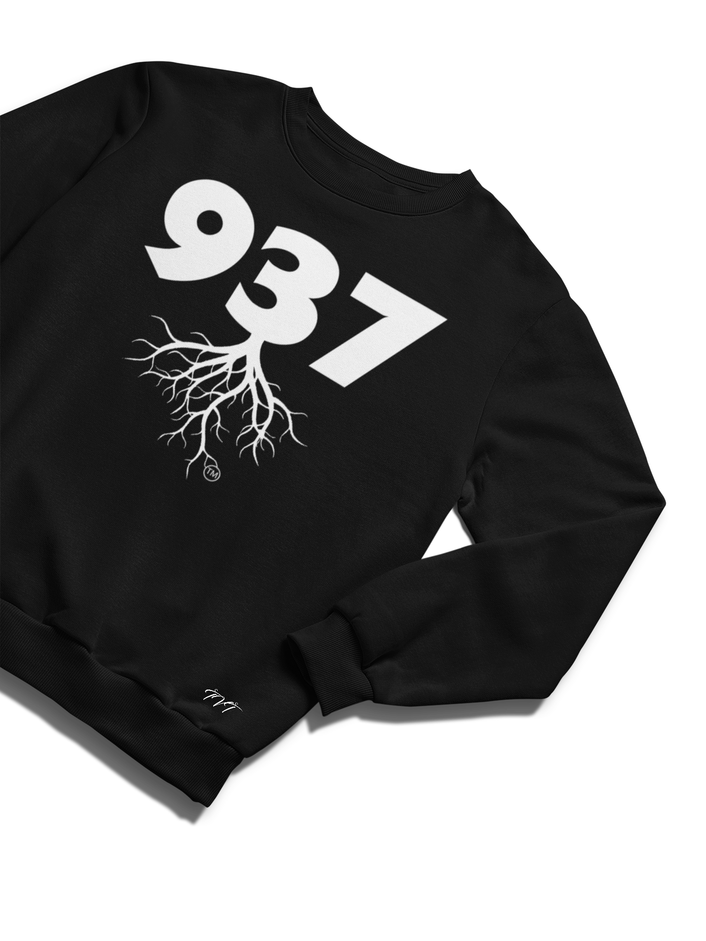 SWEATSHIRT MOCKUP OF A 937 AREA CODE BLACK (WHITE) WITH A FOLDED SLEEVE ON A SOLID WHITE SURFACE BACKDROP.png