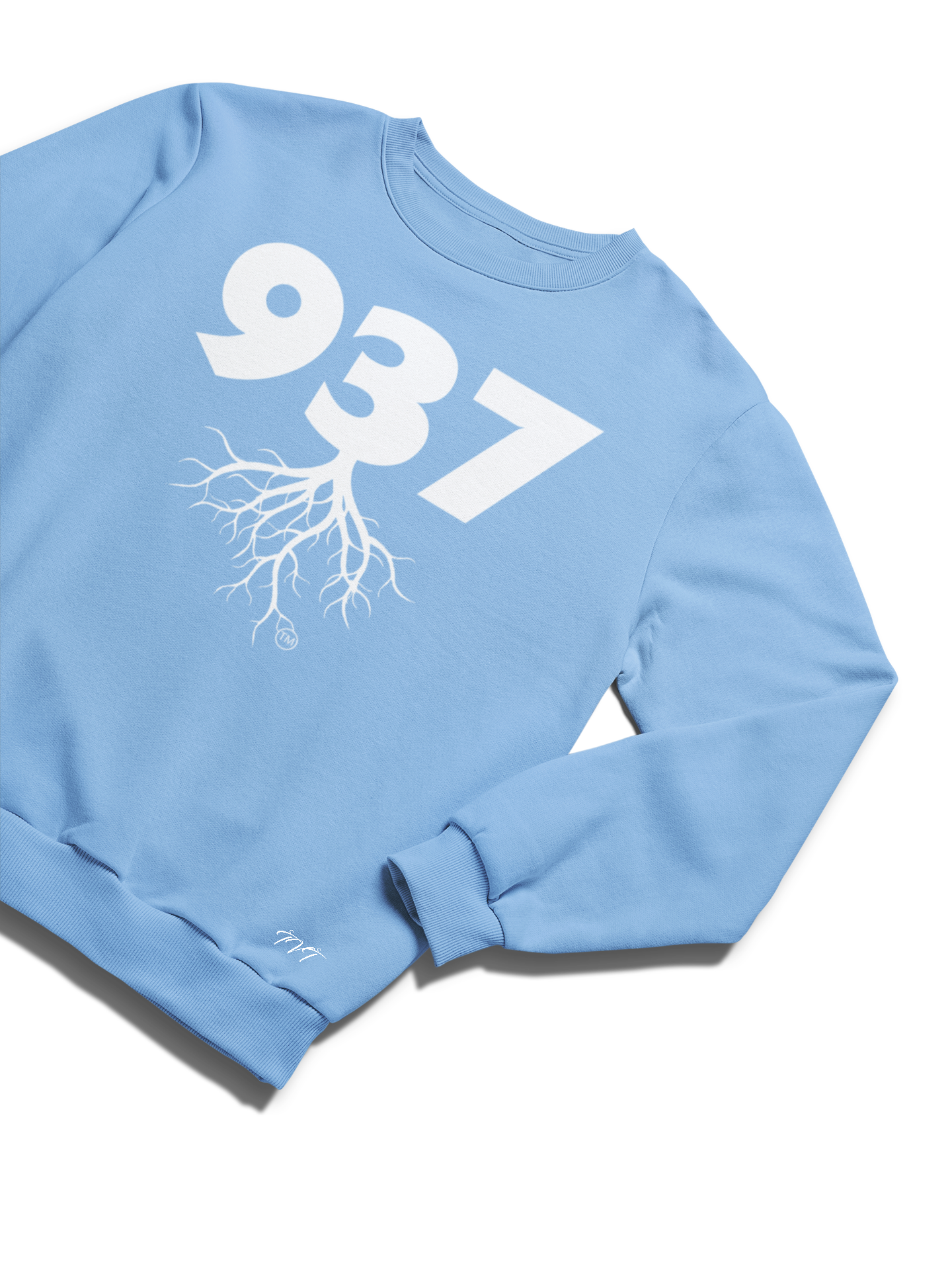 SWEATSHIRT MOCKUP OF A 937 AREA CODE CAROLINA BLUE (WHITE) WITH A FOLDED SLEEVE ON A SOLID WHITE SURFACE BACKDROP.png
