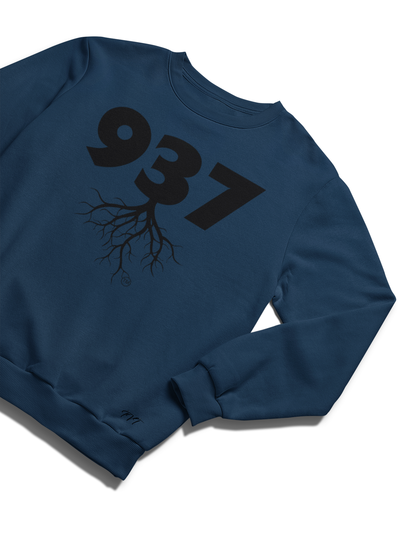SWEATSHIRT MOCKUP OF A 937 AREA CODE NAVY BLUE (BLACK) WITH A FOLDED SLEEVE ON A SOLID WHITE SURFACE BACKDROP.png