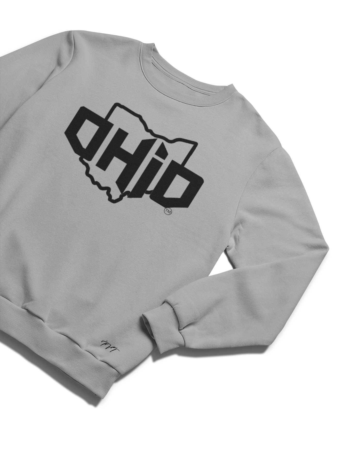 SWEATSHIRT MOCKUP OF A CUSTOMIZE OHIO GREY (BLACK) WITH A FOLDED SLEEVE ON A TRANSPARENT SURFACE BACKDROP.png