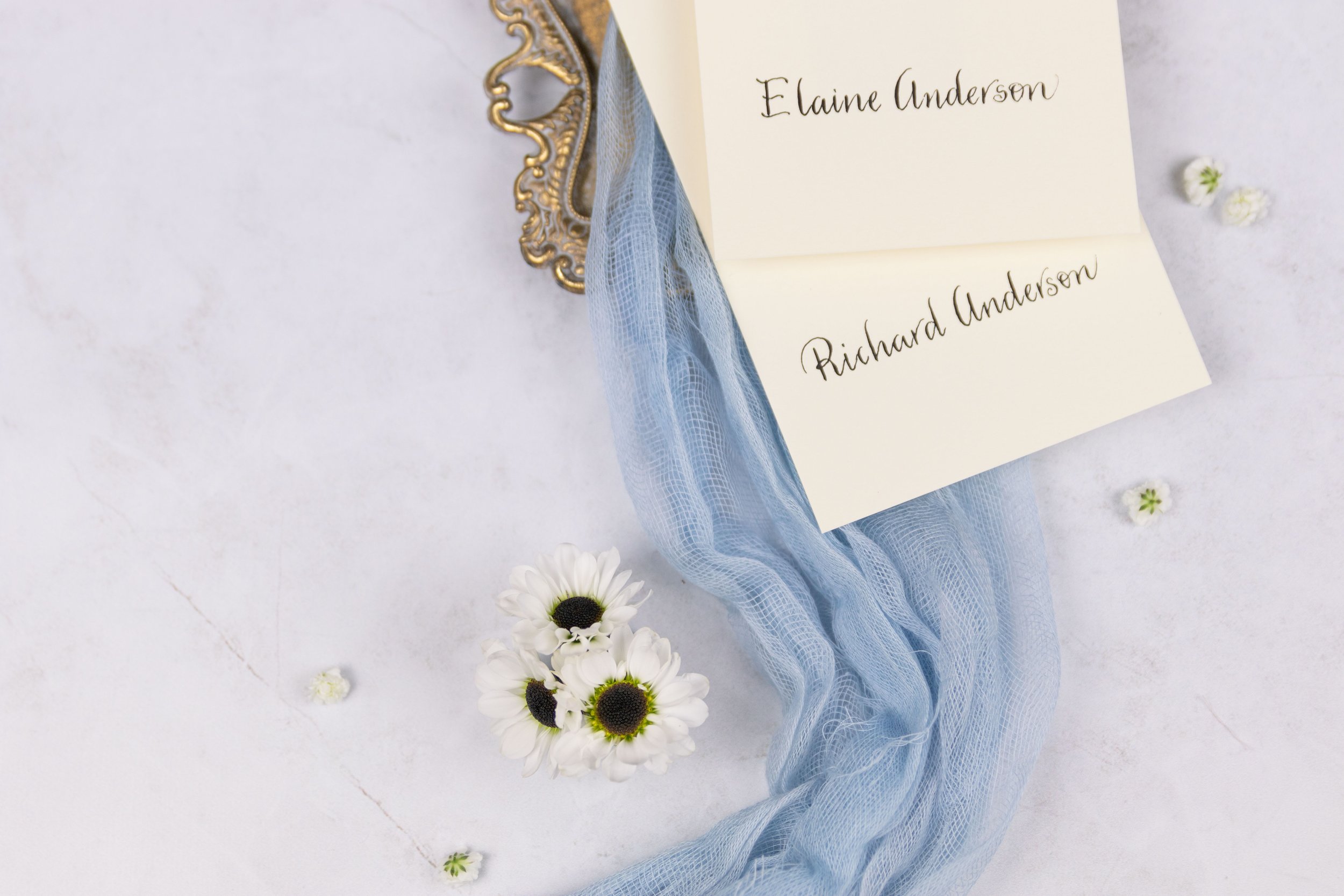 Wedding place cards with names hand lettered in Houston, Texas. 