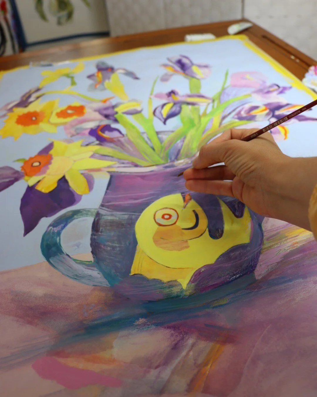 ... wearing my mom's hand-me-down well-worn &amp; buttoned down oversized yellow-tee and sipping warm coffee halfway to almost the bottom in late afternoon. tiny finely drawn purple outlines.

experiencing maybe the last few cool days of spring ...

