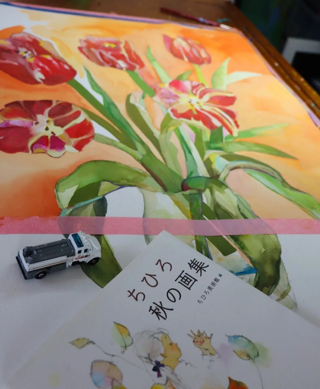 Tried this mandarin orange in my palette this week. Corresponds alright to my bright mood moving more into the joyful accidents, stumbling surprises of making a watercolor in the summer. 

My nephew Mateo joined me and fashioned his car wrapped with 