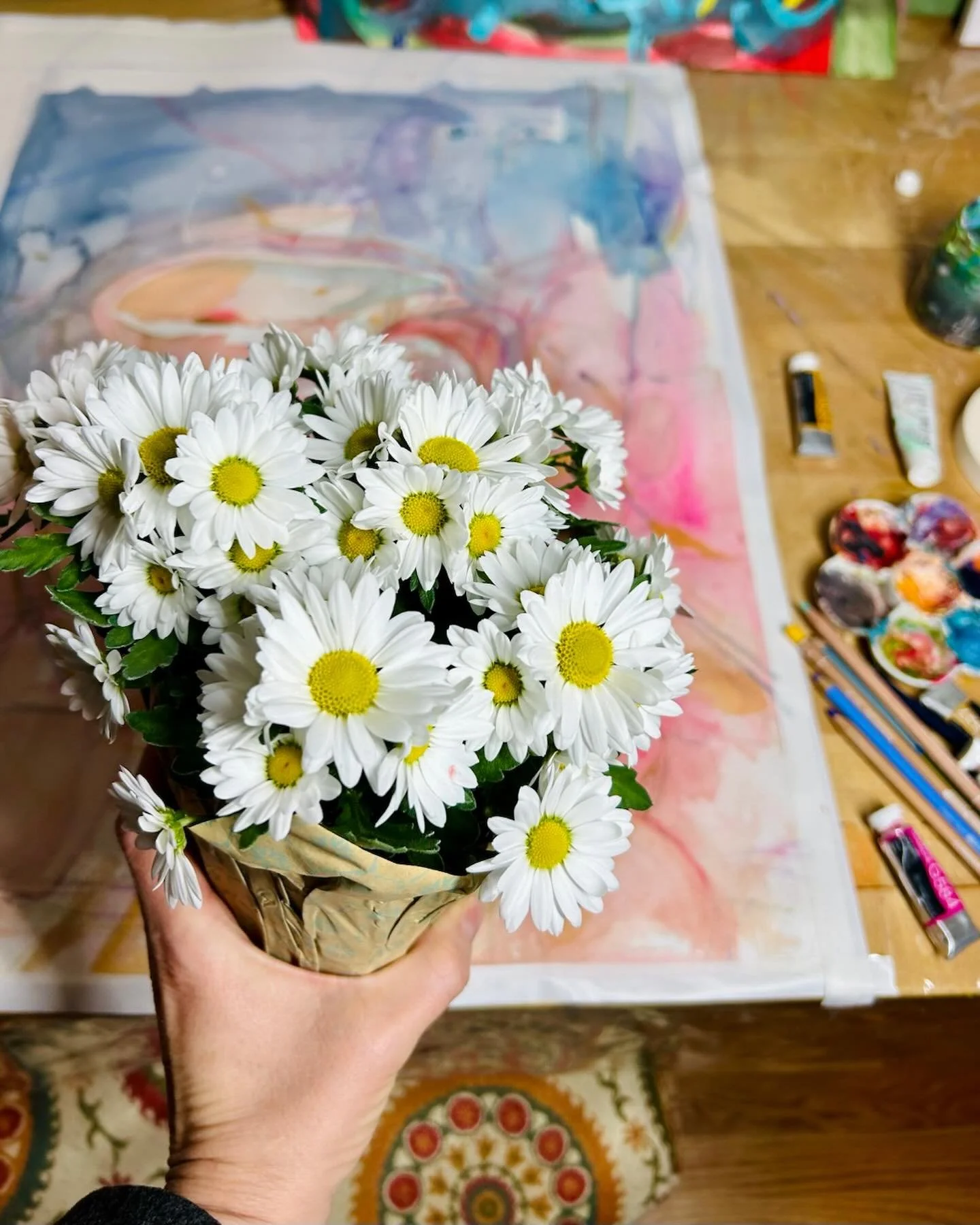 "There are always flowers for those who wish to see them." - Henri Matisse I think that quote isnt only about perspective, it's about friends. Chrysanthemums from my friend. Prompted me to paint this new peach work. Full painting should be 