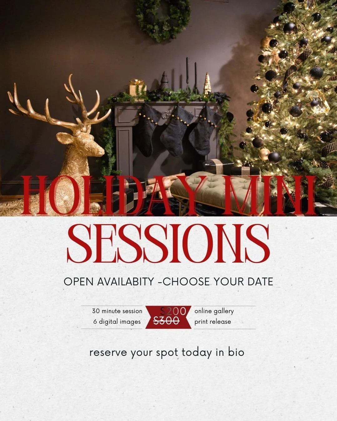 If you&rsquo;ve been thinking about it&hellip; this is your moment.
For a limited time, our $300 Holiday Mini Sessions are now just $200 &mdash; yes, really.

Choose your vibe or have them all:
🖤 Luxury Black Christmas &mdash; bold, editorial, moder