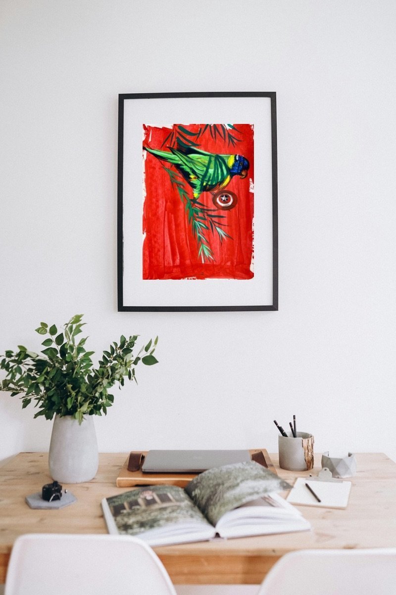 Captain America rainbow lorikeet - Corinne Renshaw Art - Acrylic contemporary portrait painting