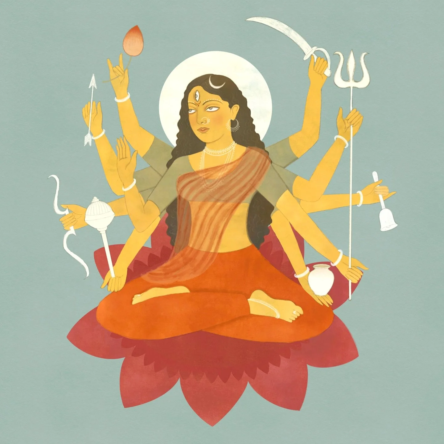 Today is the third day of Navarātri, which is presided over by the Goddess Candraghaṇṭā चन्द्रघण्टा of the Navadurgā,  the nine goddesses who govern each day of this auspicious celebration. Translated from Sanskrit, Candraghaṇṭā means &ldquo;she who 