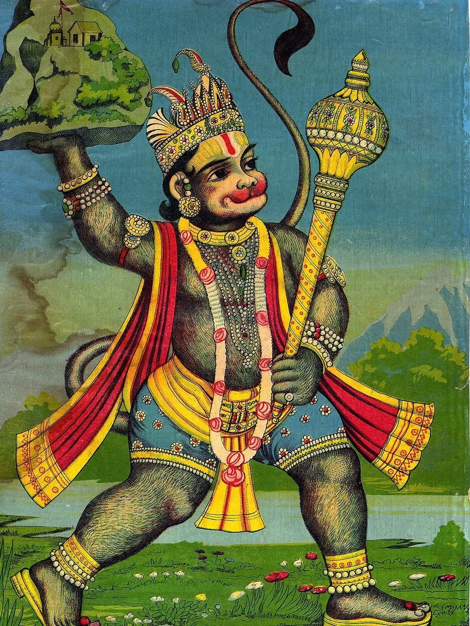 &ldquo;Fiercely grasping hold of the top of that mountain, furnished with thousands of minerals, trees, elephants and gold, with the projections of mountain shattered and the crest of its plateau set on fire, he at once sprang up with speed.&rdquo;
स