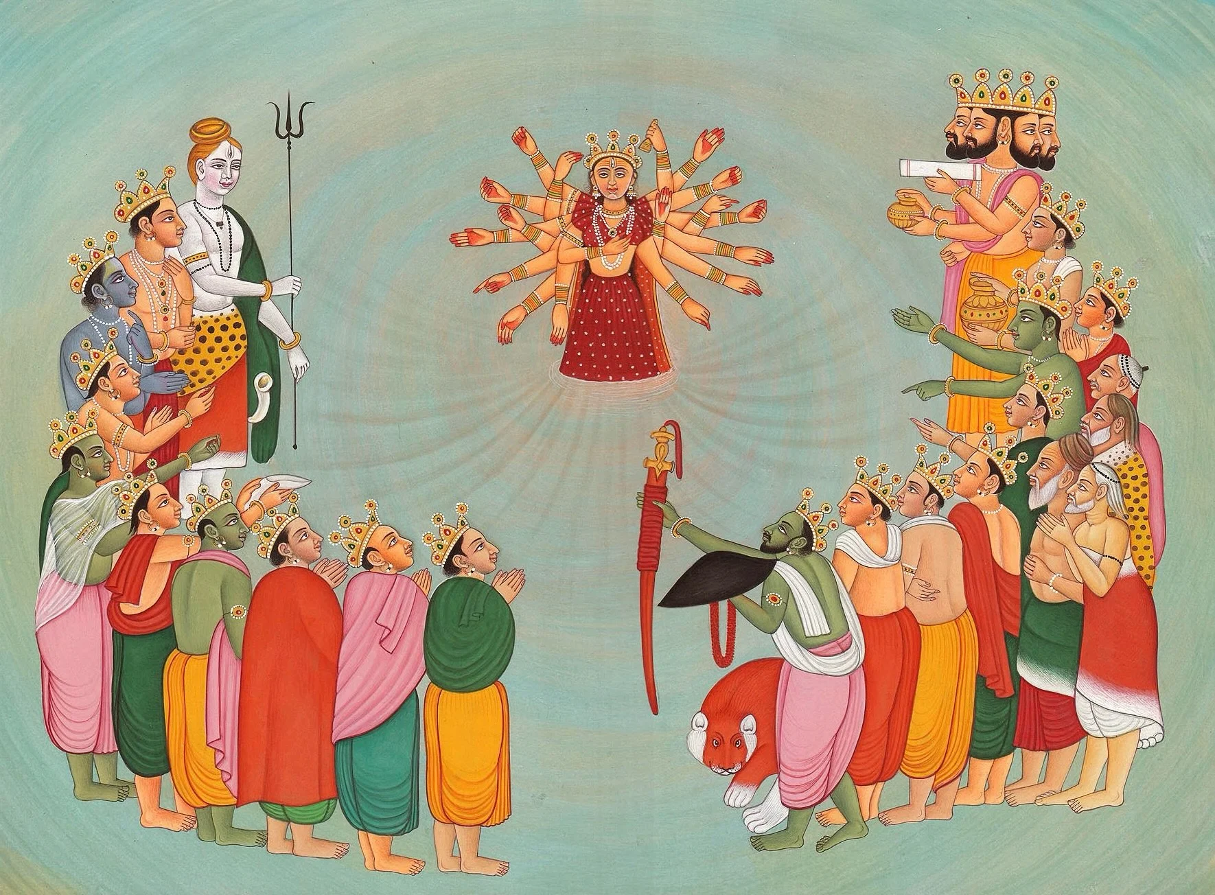 In the Devī Mahātmya, the second carita or section of the text, recounts the activities of the Goddess or Devī manifest as Mahiṣāsuramardinī, the slayer of the buffalo-demon Mahiṣa, also called Mahiṣāsura. Described graciously holding all weapons, kn