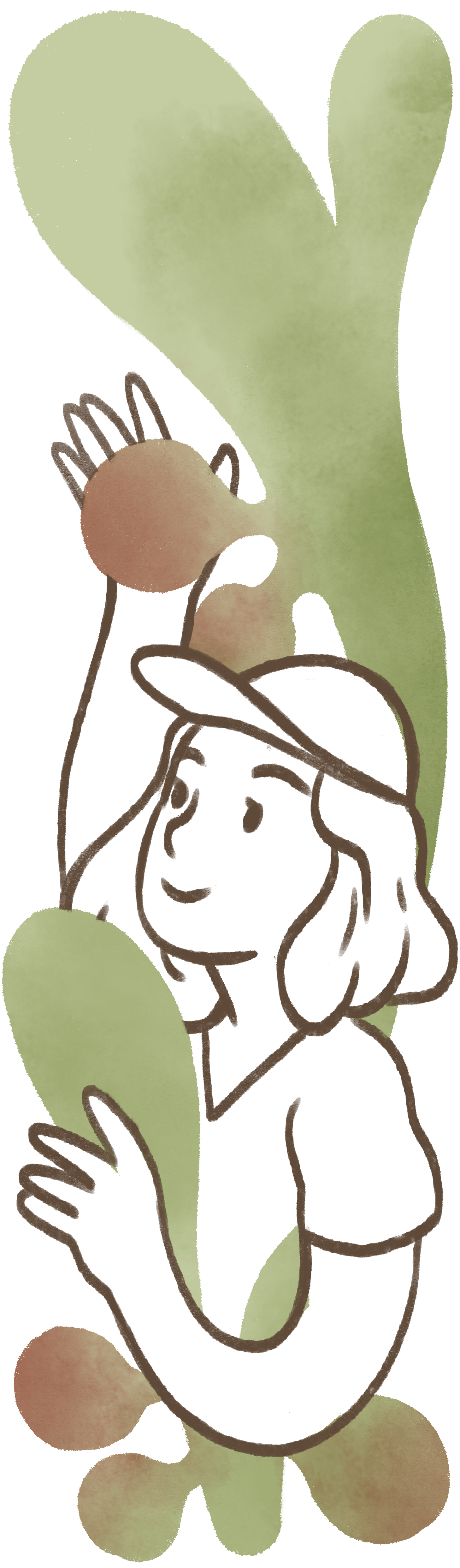 Line drawing of a woman with a wide-brimmed hat, holding large green leaves and small red coffee cherries, with a cheerful expression.