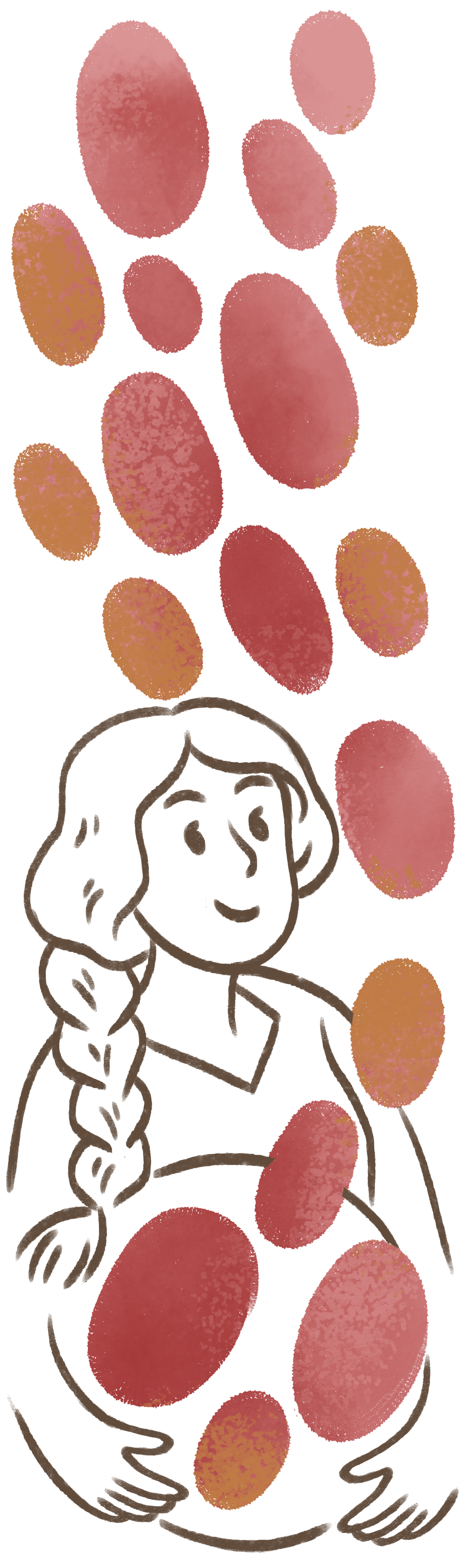 Line drawing of a woman holding large and small round coffee cherries with a cheerful expression.