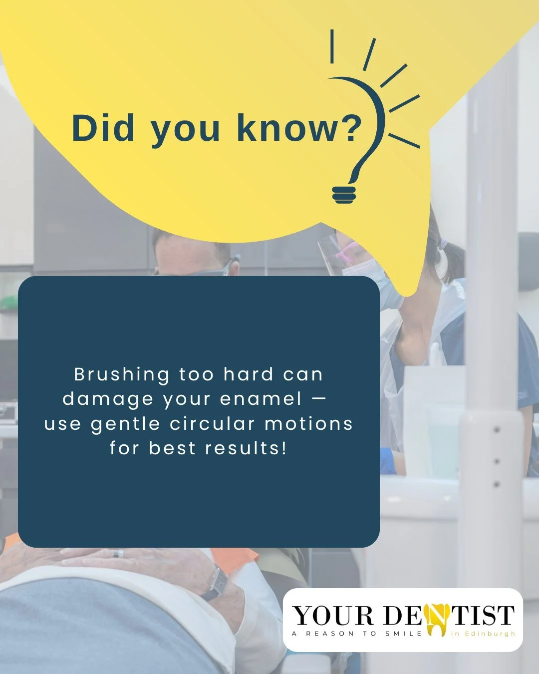 Dental Tip : Are You Brushing Too Hard?
Did you know brushing too hard can wear away your enamel? 
Your enamel protects your teeth! Once it's gone, it can't grow back.
Try Using -
✨ A Soft-Bristled Brush
🔄 Gentle Circular Motions
⏱️ 2 Minutes 2 x