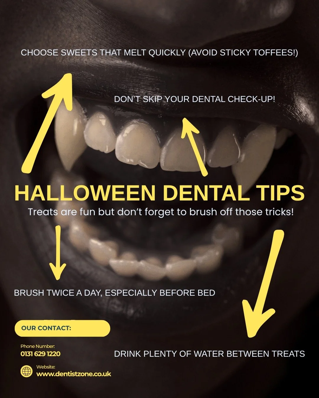 Happy Halloween from Your Dentist! 🎃
Enjoy your treats, just remember to keep your smile in check!
Here are a few simple tips for a cavity-free Halloween:
🪥 Brush twice a day (no skipping after sweets!)
 💧 Rinse or drink water after sugary snacks