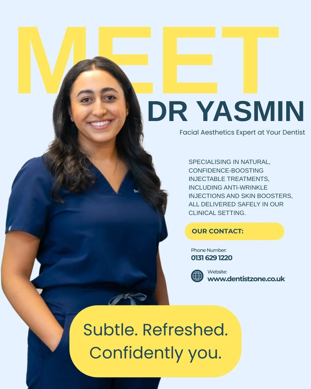 Meet Dr Yasmin, Our Facial Aesthetics Expert

Dr Yasmin combines her dental precision with a passion for natural-looking facial rejuvenation.
With advanced training in aesthetic injectables, she provides a range of treatments. From anti-wrinkle injec