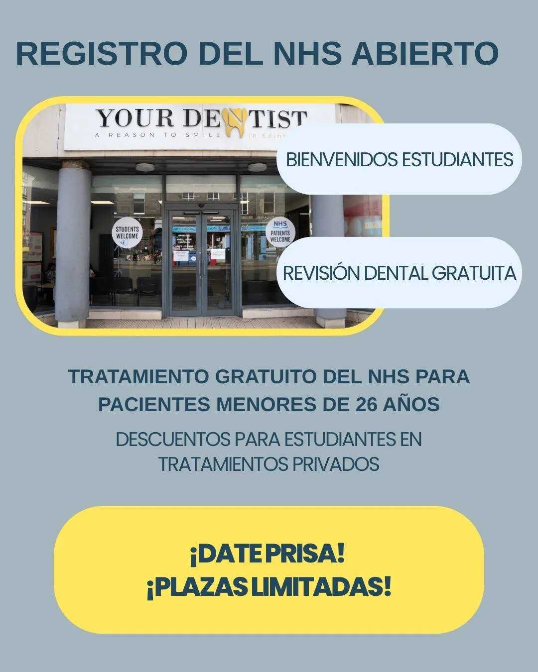 Plazas disponibles en el NHS.

Estudiantes bienvenidos.

Revisi&oacute;n gratuita + atenci&oacute;n m&eacute;dica gratuita del NHS para menores de 26 a&ntilde;os.

Descuentos para estudiantes disponibles.

&iexcl;Plazas limitadas! Haz clic en el enla