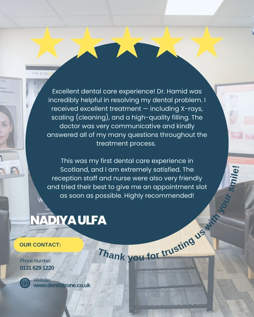We&rsquo;re so grateful for this wonderful review and for every patient who puts their trust in our team.
&ldquo;Excellent dental care experience!
Dr Hamid was incredibly helpful in resolving my dental problem&hellip; The reception staff and nurse we