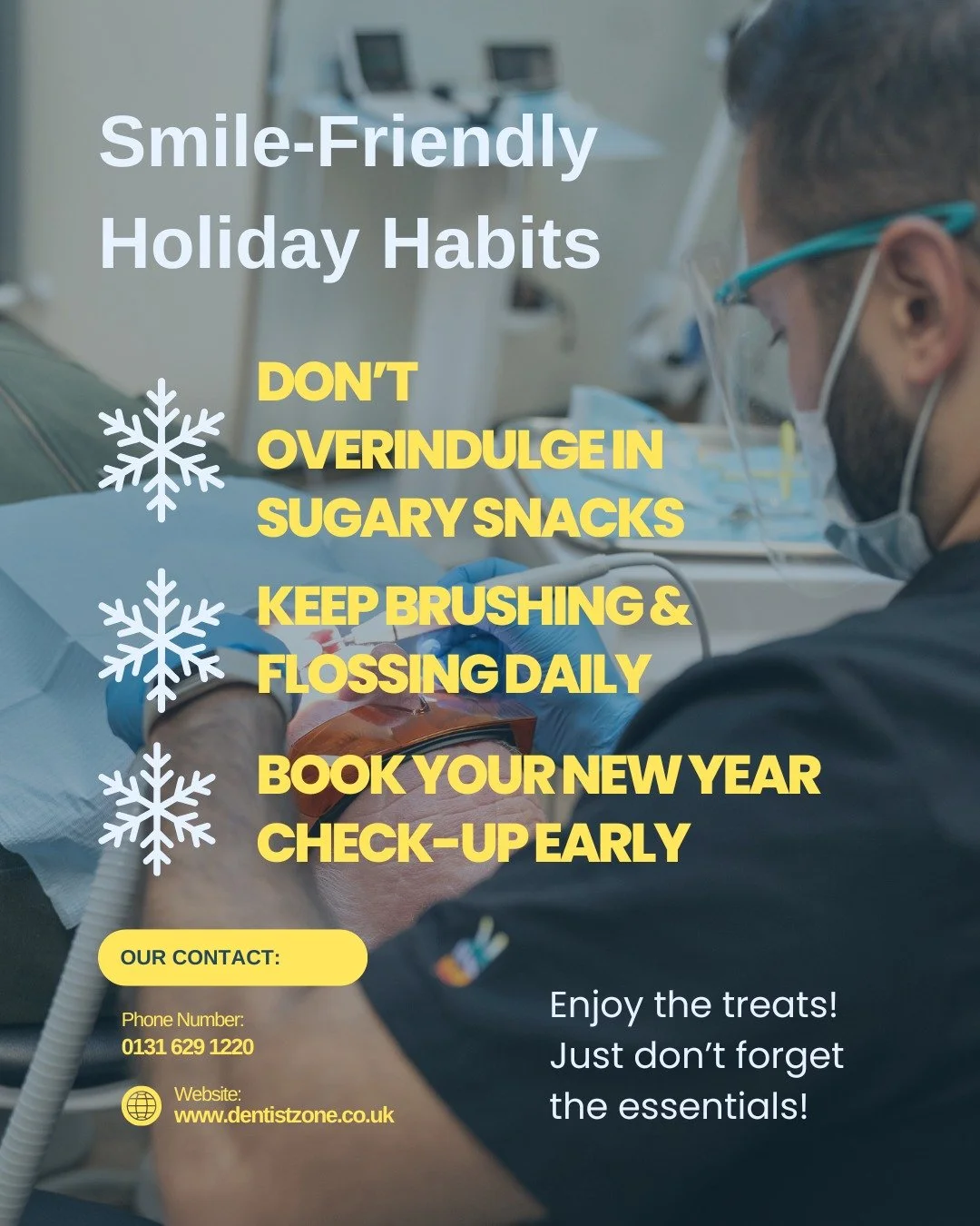 The holidays are for relaxing not skipping your smile routine.
A few simple habits can keep your teeth happy all season long.
Ready to start the New Year with a healthier smile?
Book your check-up now.
#YourDentistEdinburgh #HolidaySmileTips #Healthy