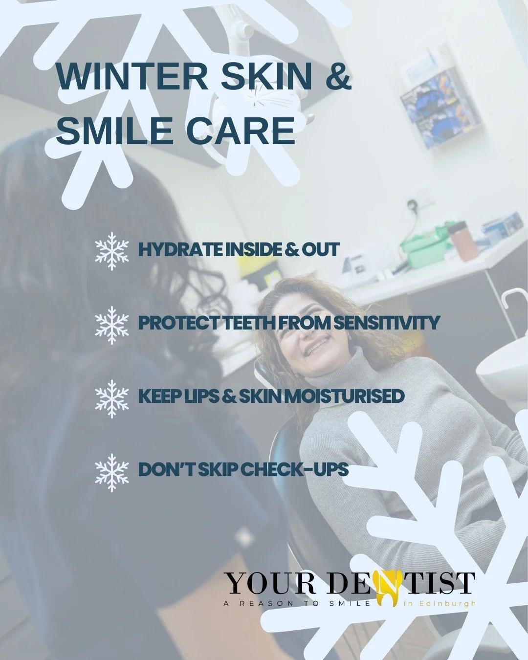 Winter can be tough on both your skin and your smile. Colder temperatures and dry air often lead to dehydration, sensitivity, and dryness.
Small habits make a big difference... staying hydrated, maintaining your oral care routine, and booking regular