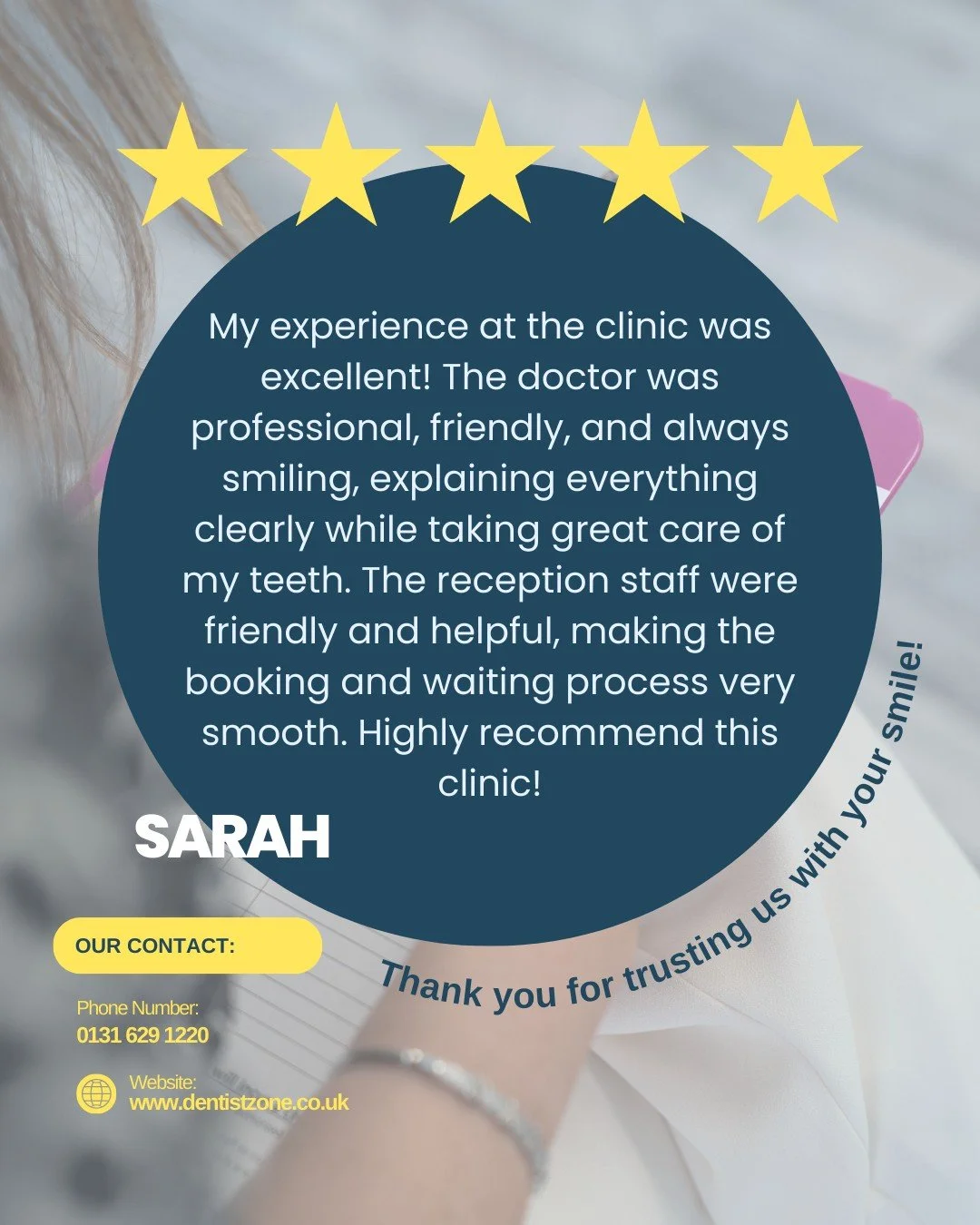 We love hearing how our patients feel after their visit.

&ldquo;My experience at the clinic was excellent! The doctor was professional, friendly, and always smiling, explaining everything clearly while taking great care of my teeth. The reception st