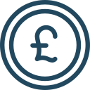A black background with a blue British pound (£) symbol and a surrounding concentric circle design.