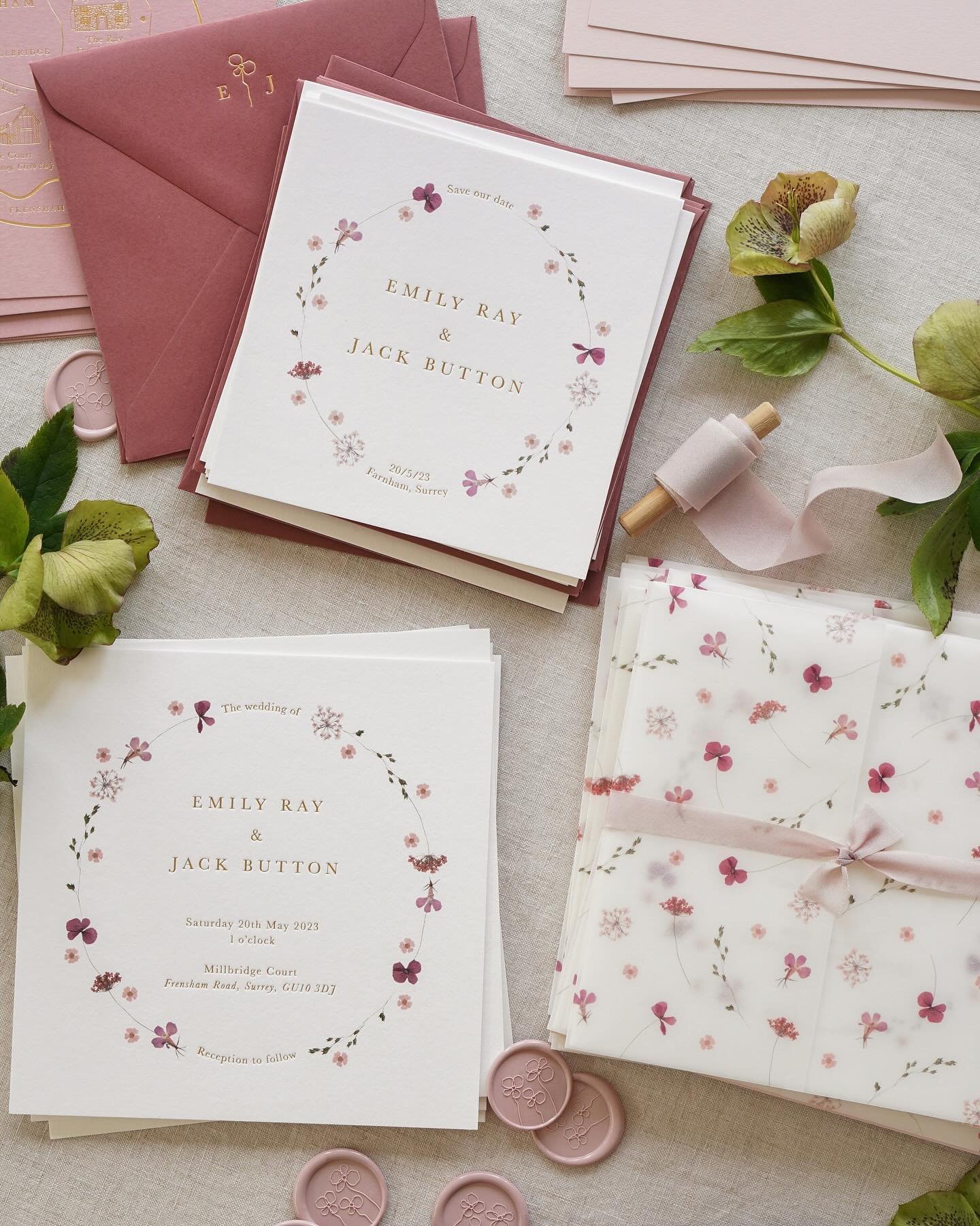 The Edith collection has had a little refresh on my website with a new set of images! 

The collection features a delicate wreath of pressed flowers in tones of pink and purple, which is then filled filth shiny gold foil blocked wording. A pretty flo