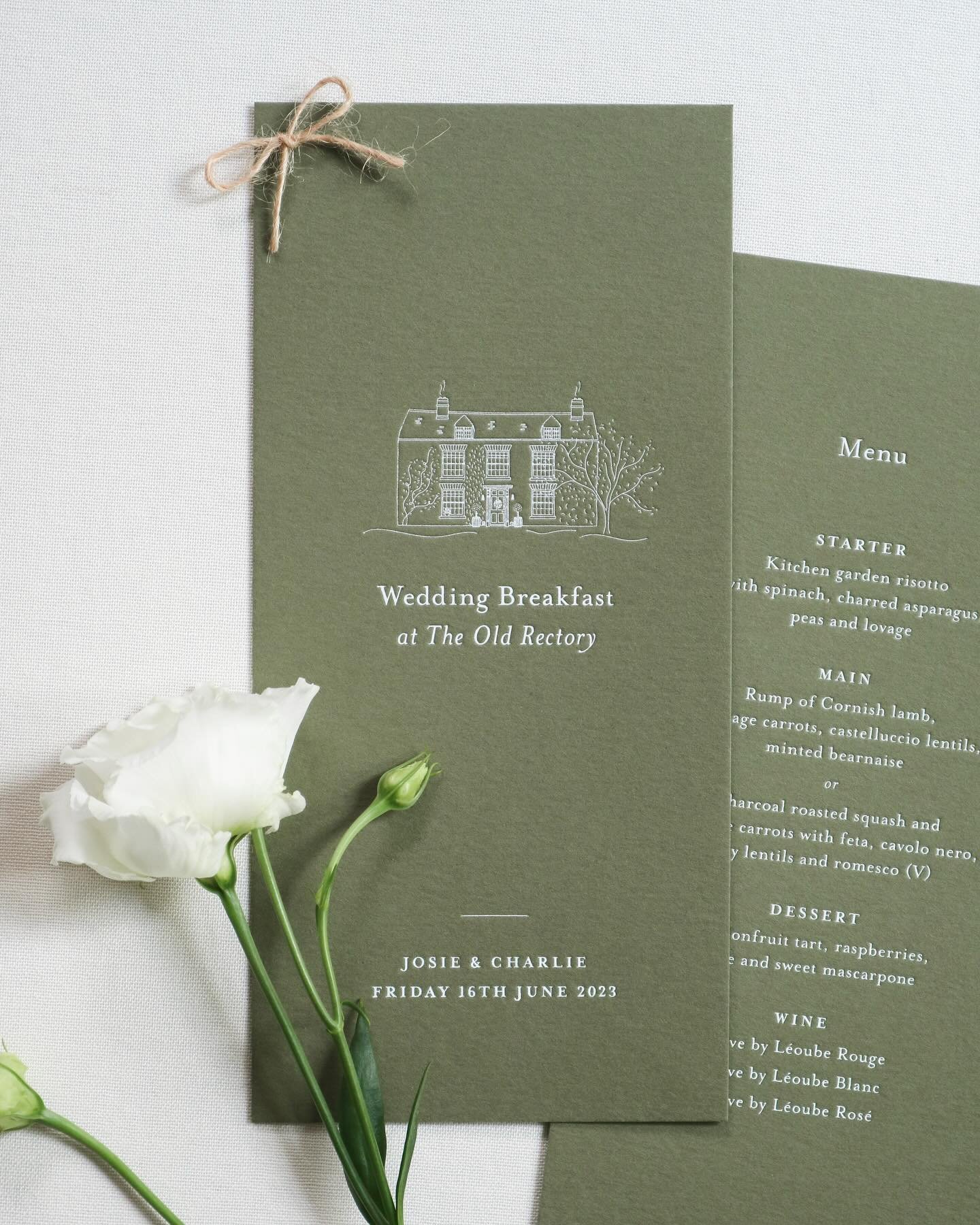One of my favourite on the day pieces from Josie &amp; Charlie&rsquo;s wedding day last Summer! I created little menu booklets for each guest, which were foil blocked in white foil and tied with a little string of garden twine. The front featured an 