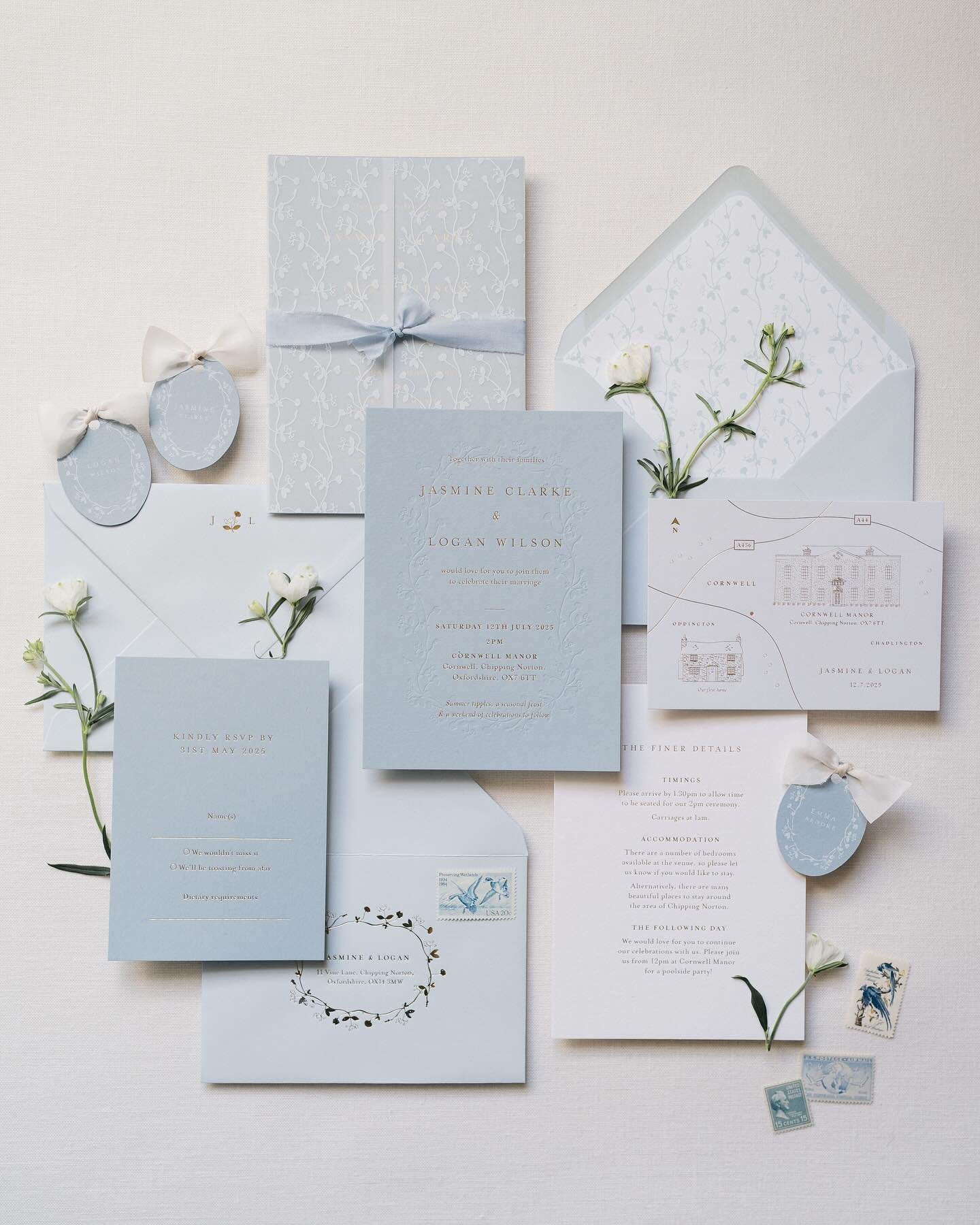 Delicious tones of blue at Cornwell Manor in the Cotswolds earlier this month 💙 We used Frances as the stationery collection and customised the colour palette to perfectly set the tone of this beautiful day through the invitation suite and table sta