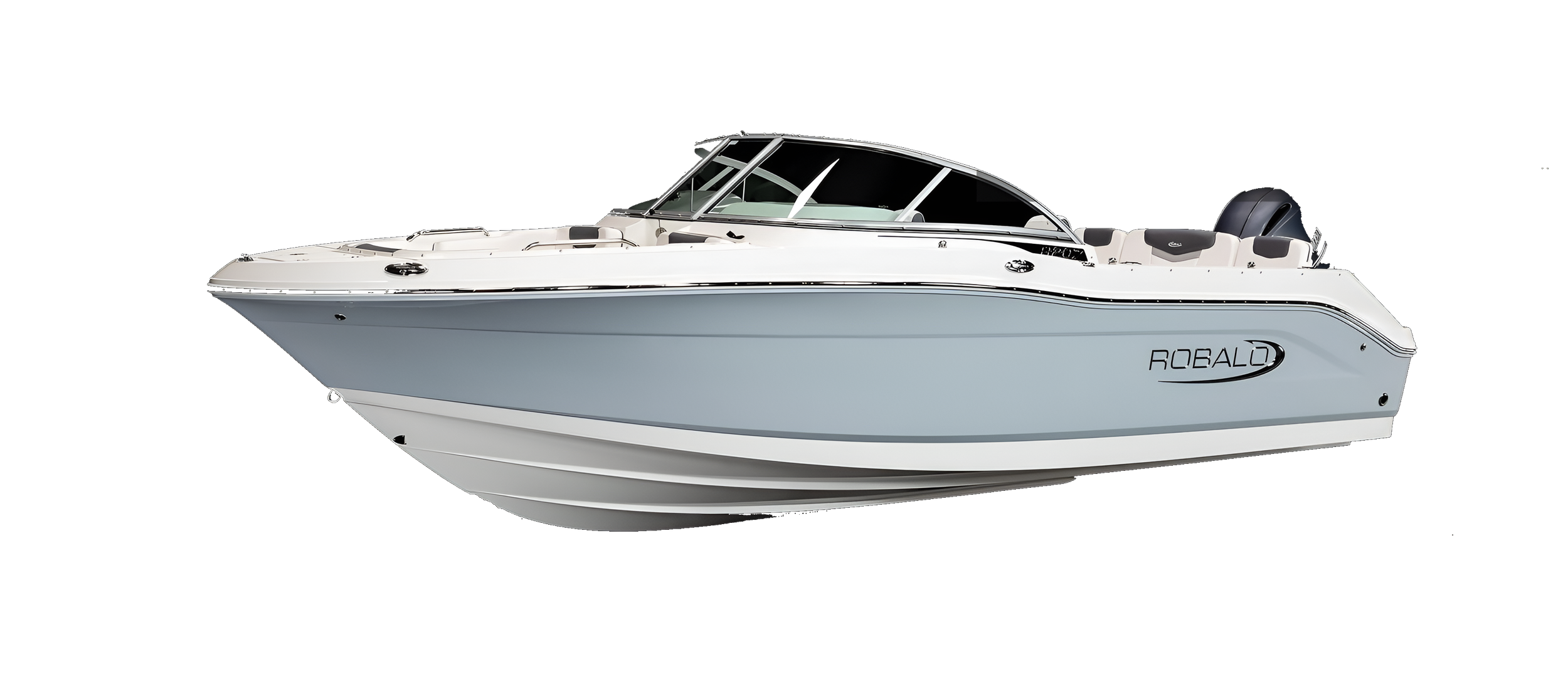 A white and light blue motorboat with a black background, featuring a streamlined hull, glass windshield, and outboard motor at the stern, branded with the name "Robalo."