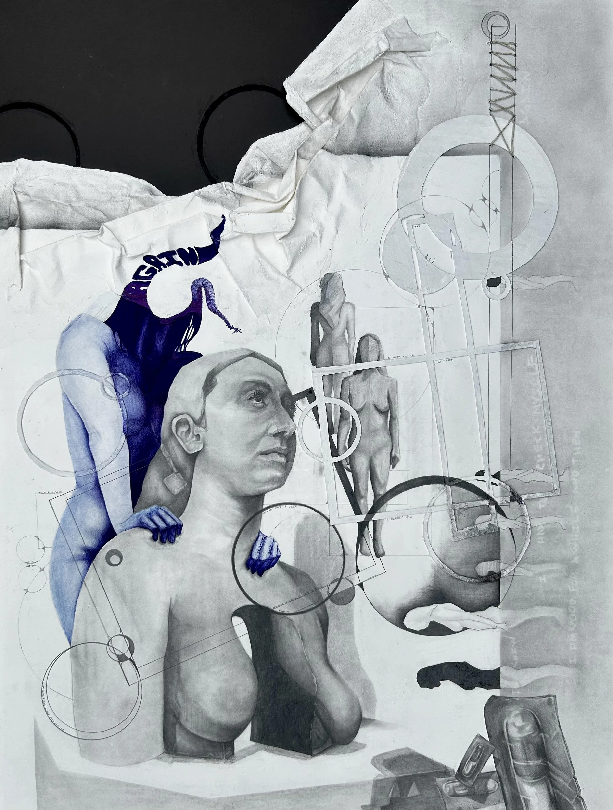 “Damage Control” 2024 Graphite, Ball point pen, acrylic ink, gesso, Thread, Colored pencil, Ram board, Collage