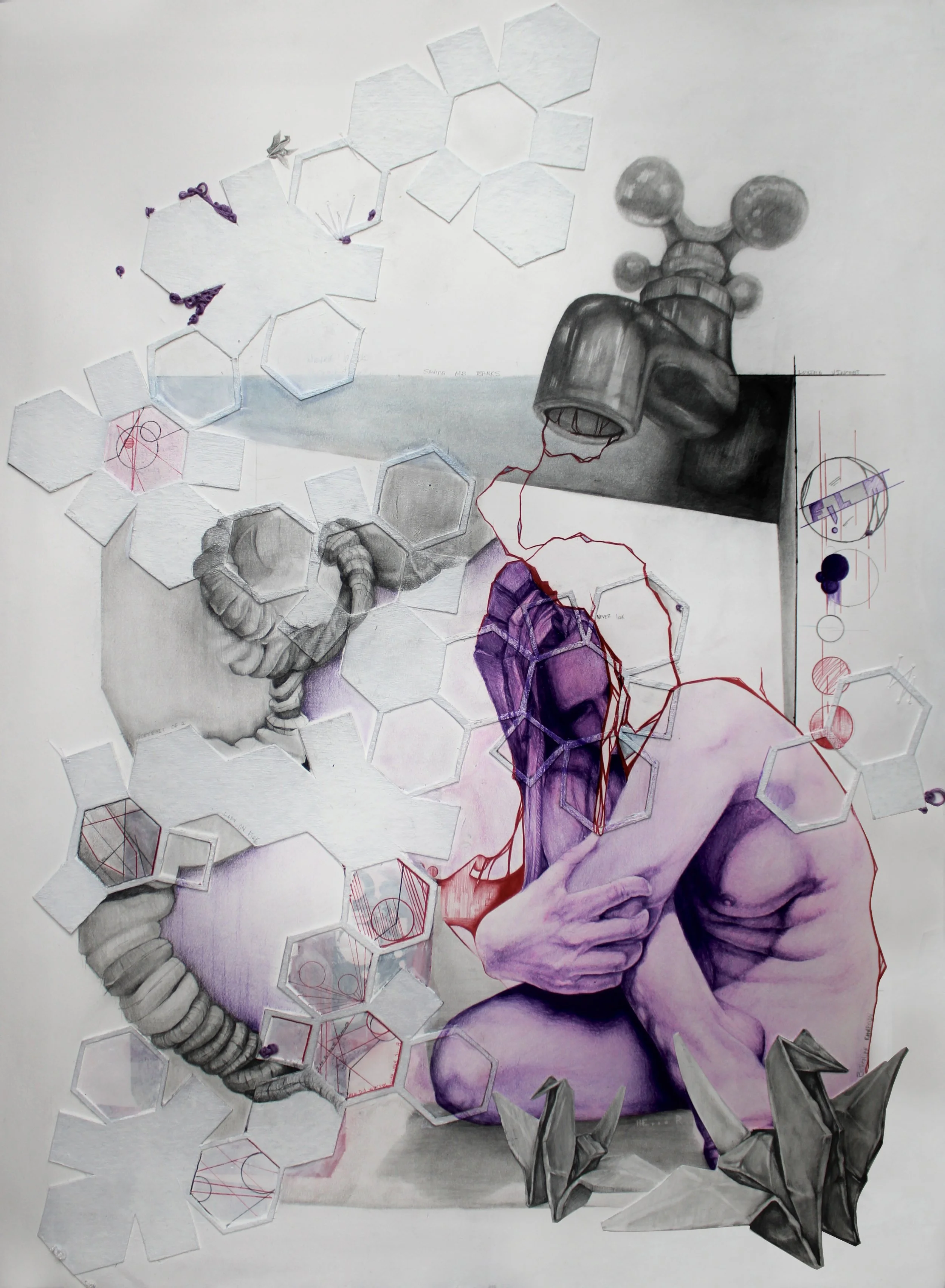 “Hidden Patchwork” 
2024 Graphite, Ball point pen, acrylic ink, gesso, Thread, Colored pencil, Ram board, Collage