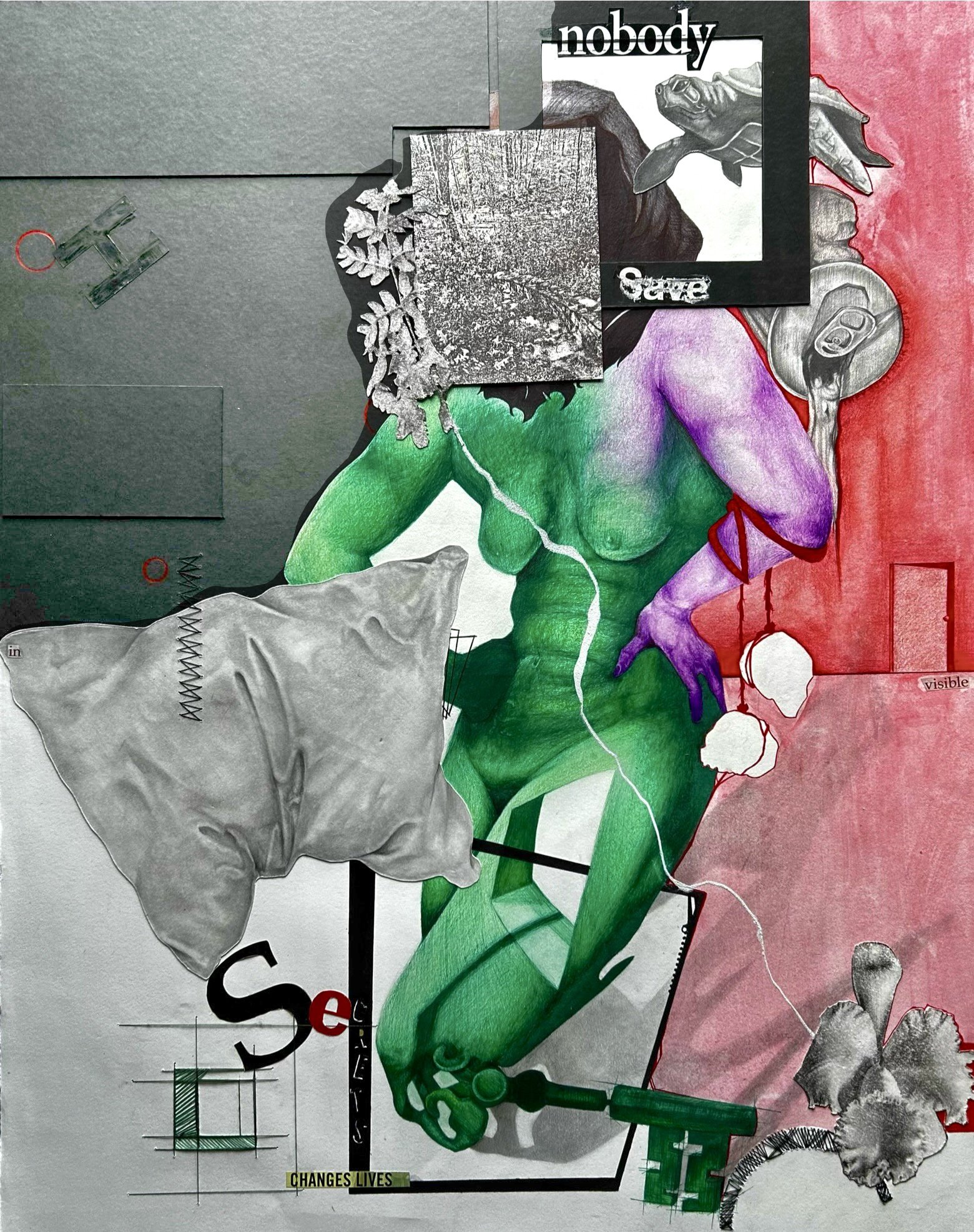 “Parasuicidal Thoughts and Dreams” 2024 Graphite, Ball point pen, acrylic ink, gesso, Thread, Colored pencil, Ram board, Collage