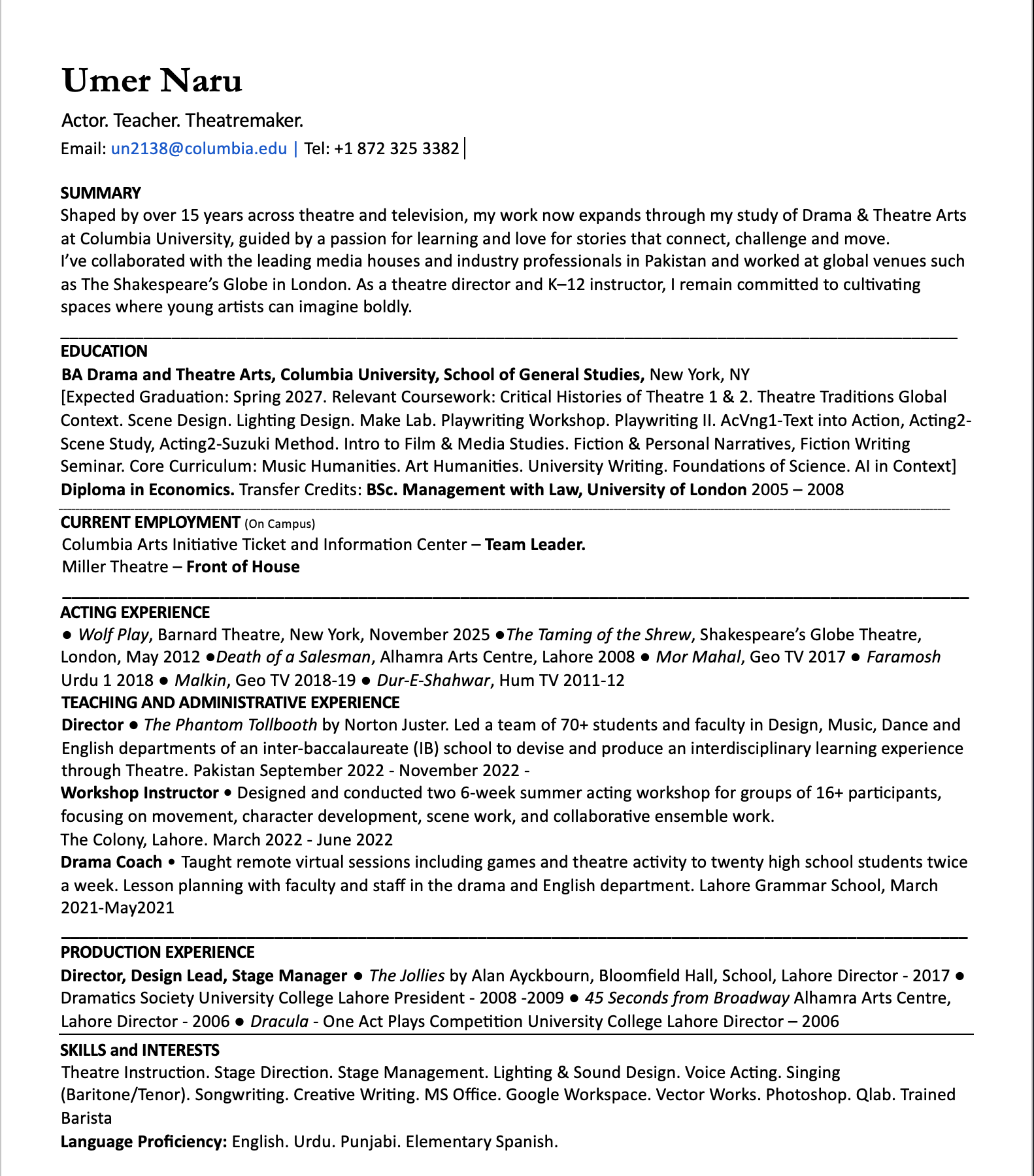 screenshot of a Resume in Word document.