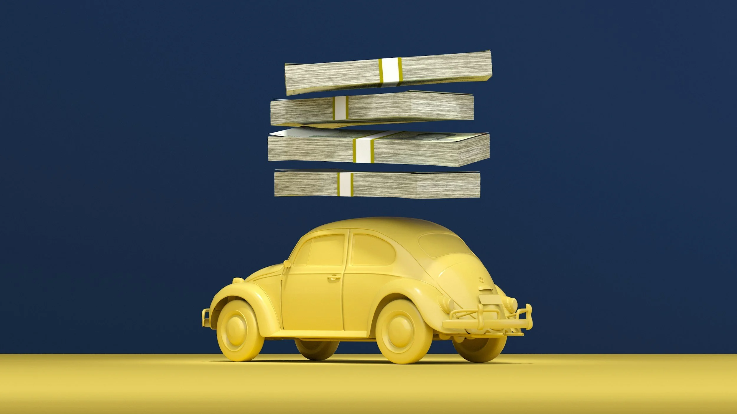 Volkswagen Beetle with money falling, representing auto insurance savings for drivers in Batavia Illinois