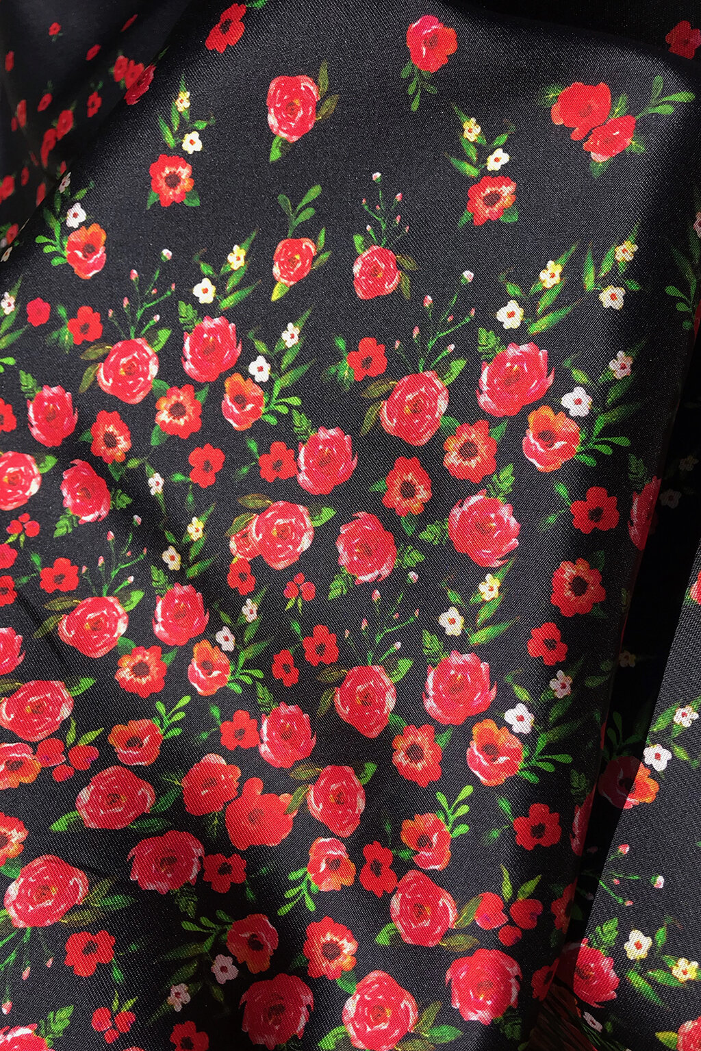 Silk/Cotton blend in black with red rose print — Fabrics at Play