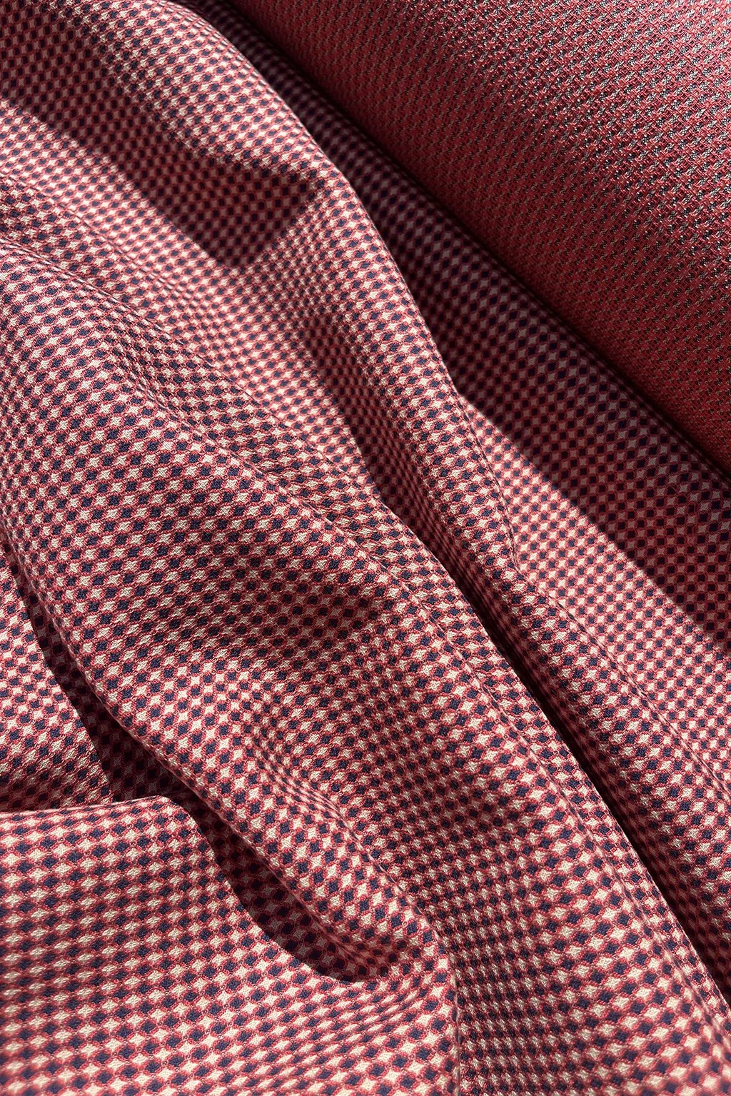 Linen blend jacquard in red, beige and navy mini diamond.jpg