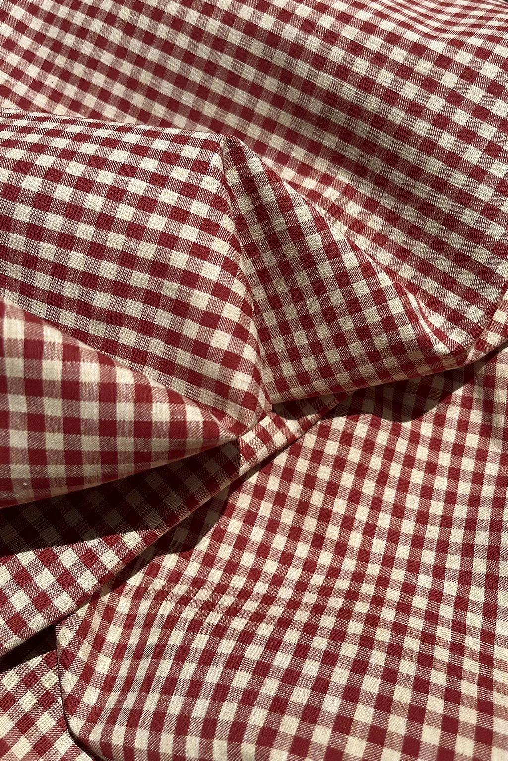 Italian cotton gingham in sand beige and red.jpg