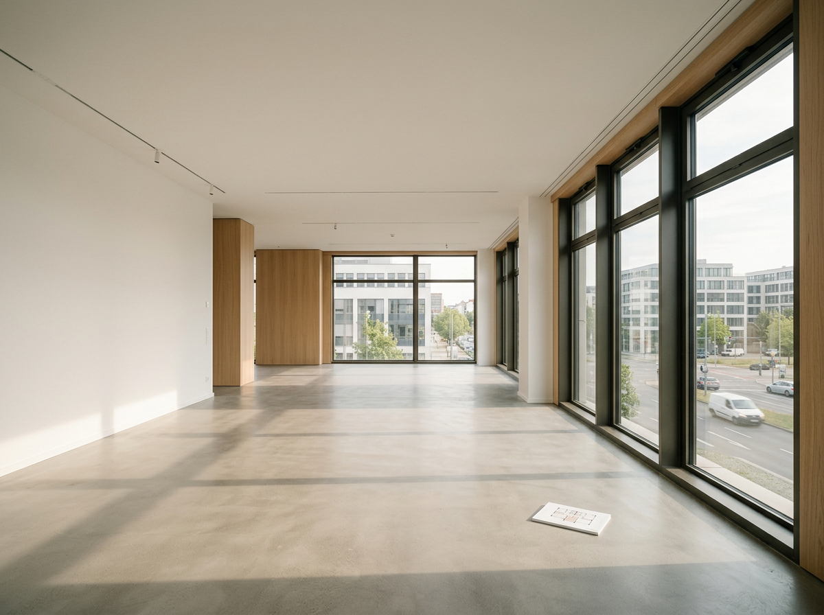 Büroimmobilie mit grossen Fensterflächen und modernem Interieur-Bild KI-generiert