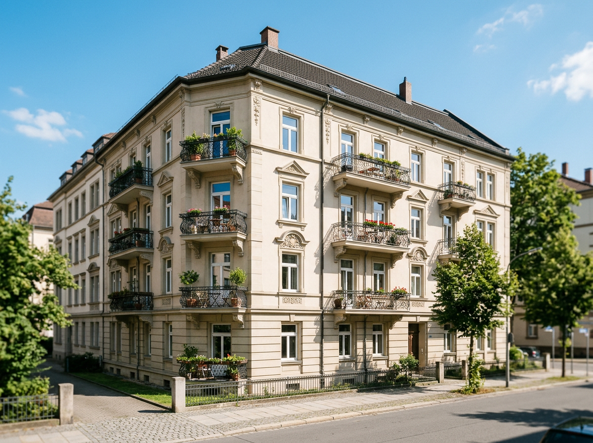 Mehrfamilienhaus mit Balkonen und Sandsteinfassade-Bild KI-generiert