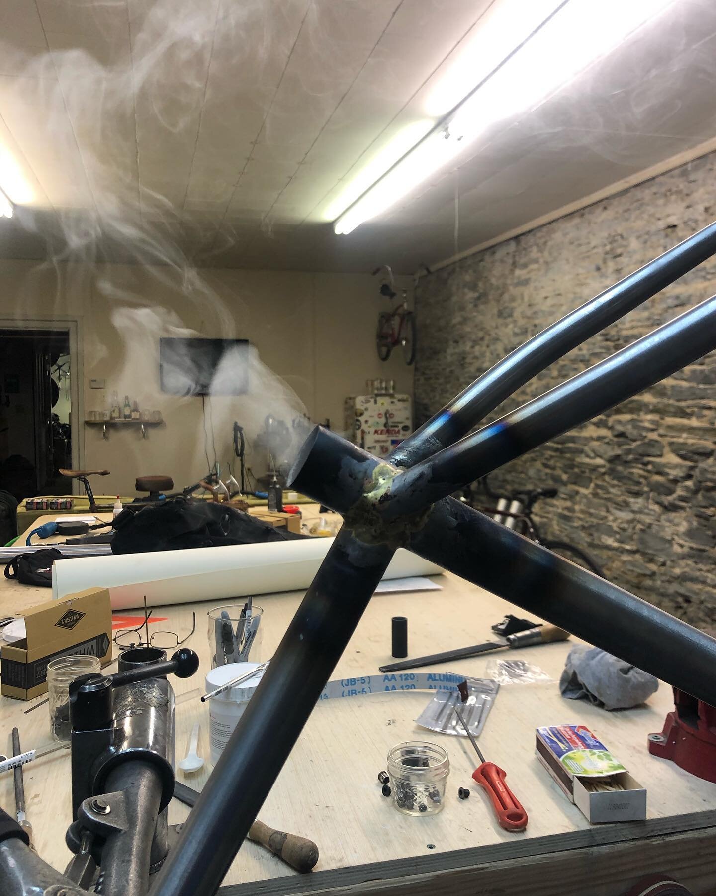 2.5 weeks this frame sat waiting for bottle bosses to be brazed in, moved forward. Severe AC separation (over the handlebars indeed) has had a very untimely setback. Sorry to this frame customer, the next few up in line waiting and to the shop custom