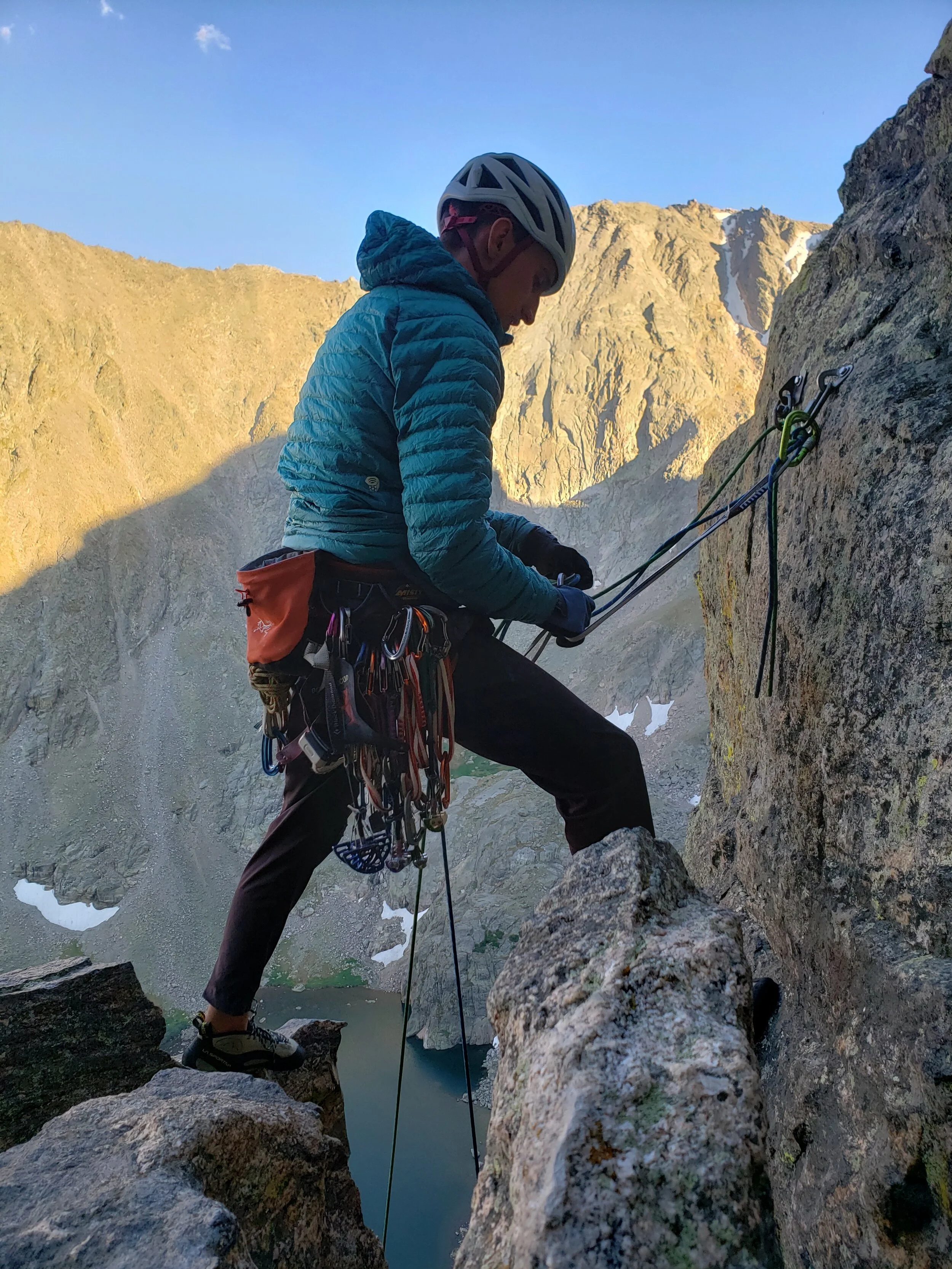 Rapping down after simul climbing the Petit